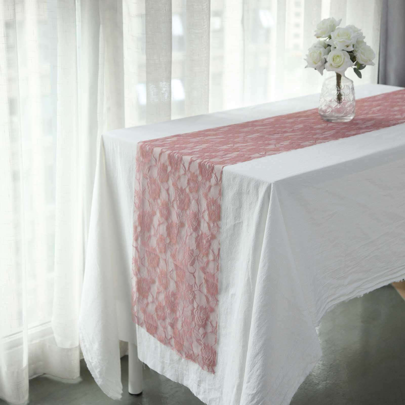 Lace 12x108 Table Runner Dusty Rose - Vintage Rose Pattern Table Decor