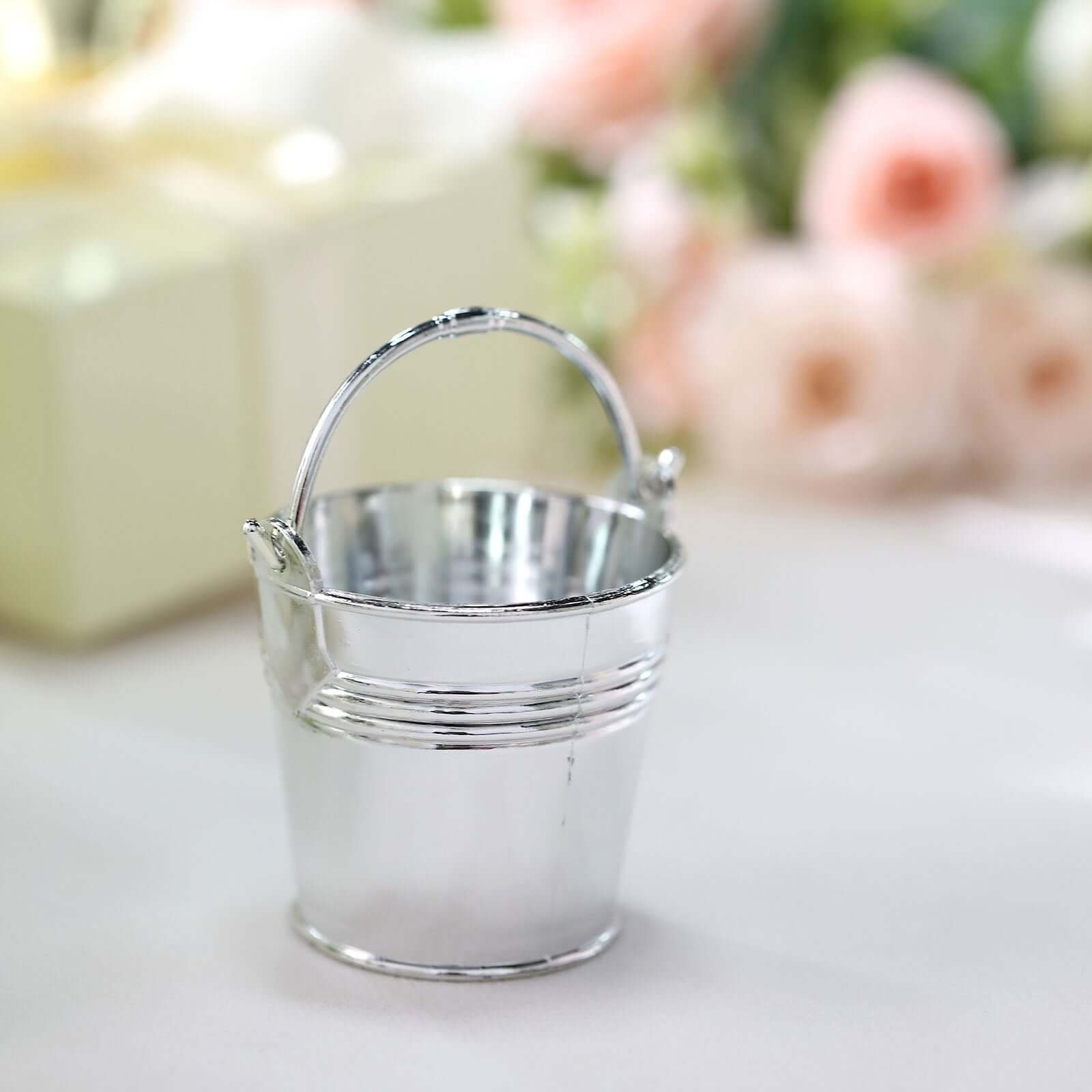 12 Pack 2 Silver Mini Planter Treat Party Favor Boxes, Small Pail Bucket Candy Container Gift Boxes