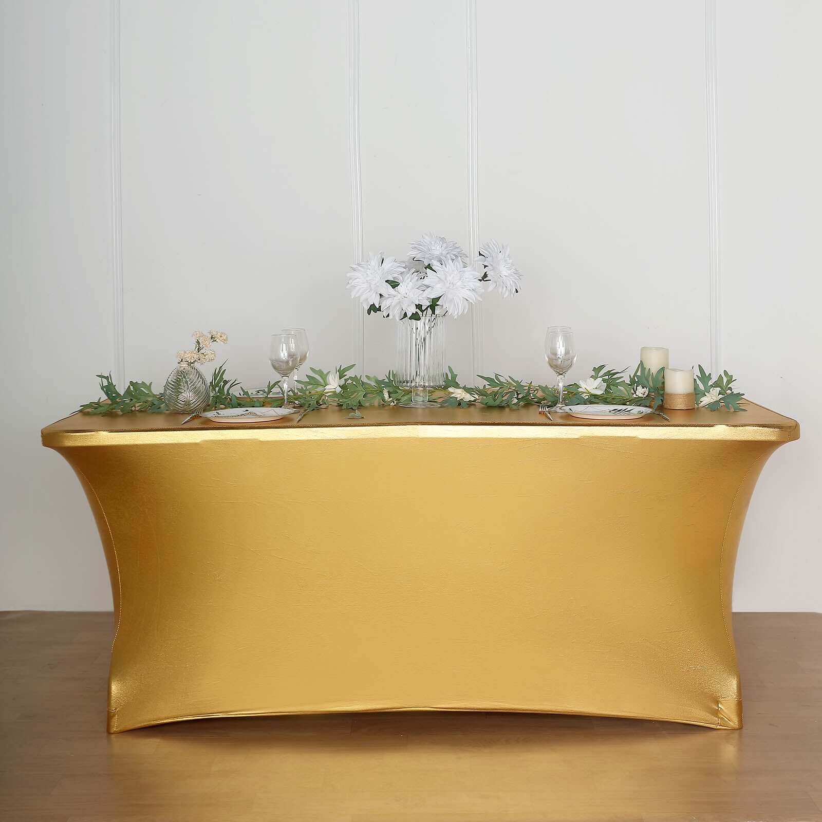 Stretch Spandex 72x30 Rectangle Tablecloth Metallic Gold - Glamorous Form-Fitting Table Cover for Upscale Gatherings