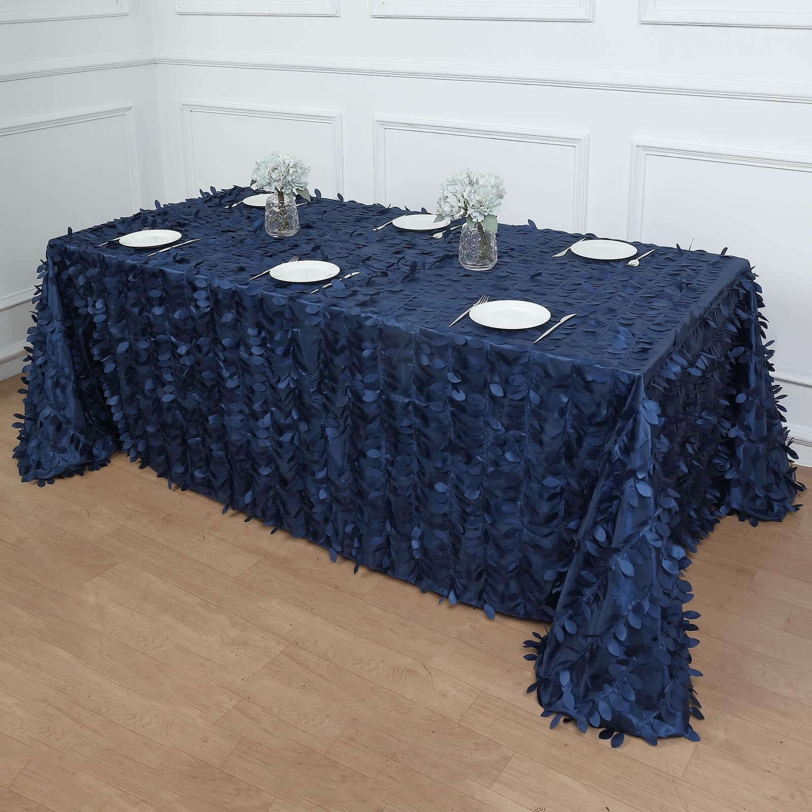 Taffeta 90x132 Rectangle Tablecloth Navy Blue | 3D Leaf Petal Design Seamless Table Cover