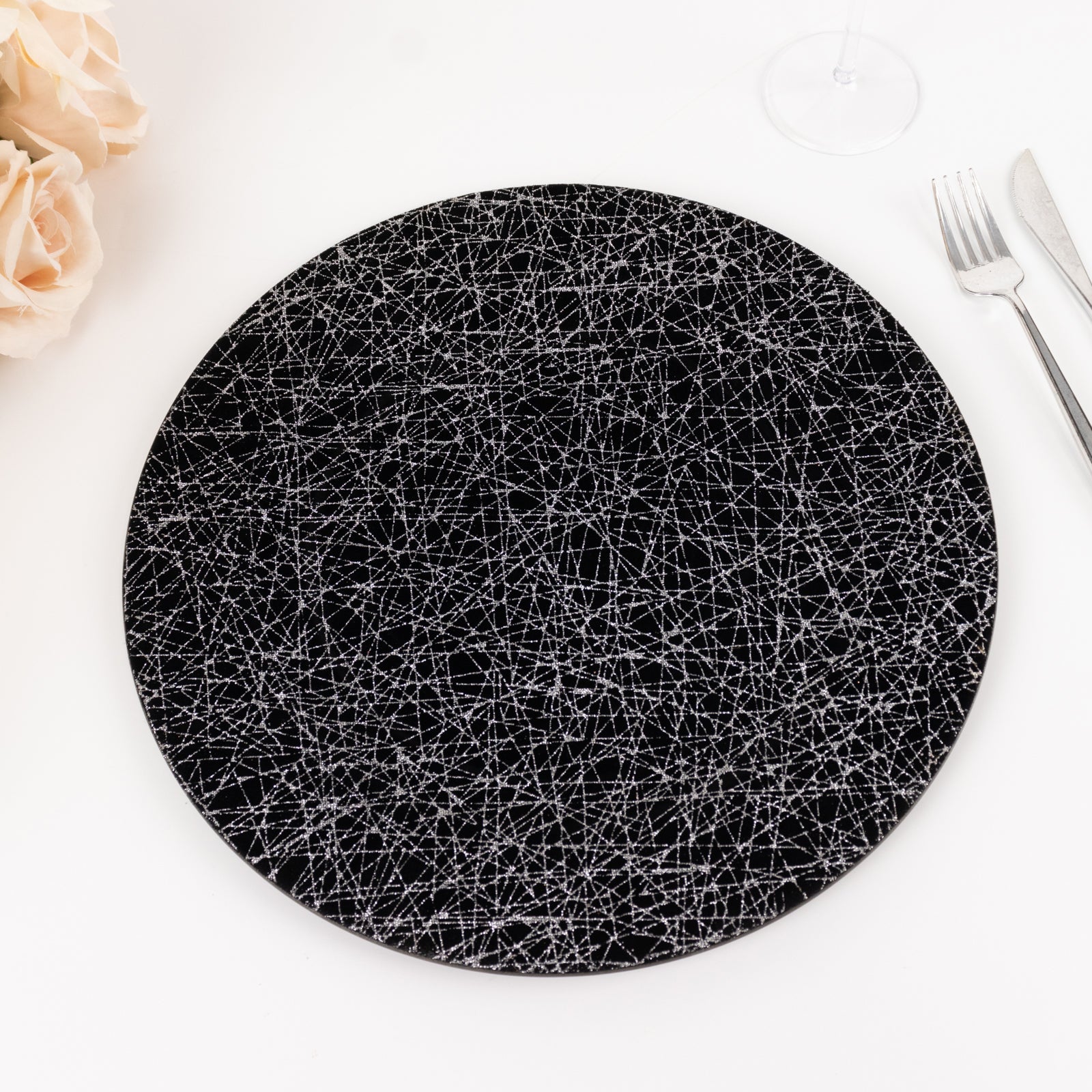 6-Pack Acrylic Round Charger Plates 13 in Black with Silver Glitter Abstract Lines Pattern, Decorative Dinner Party Charger Tableware