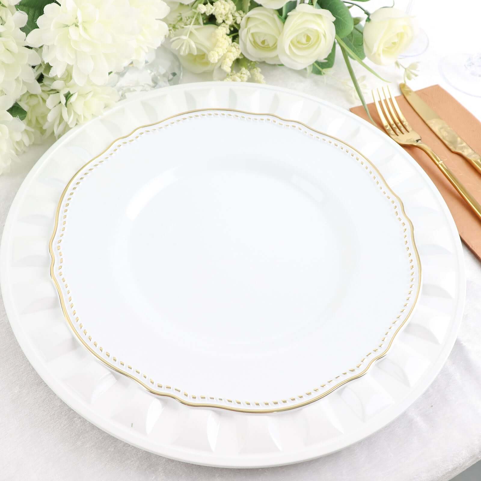 6-Pack Plastic Round Charger Plates 13 in White with Bejeweled Rim, Luxe Decorative Dinner Party Charger Tableware