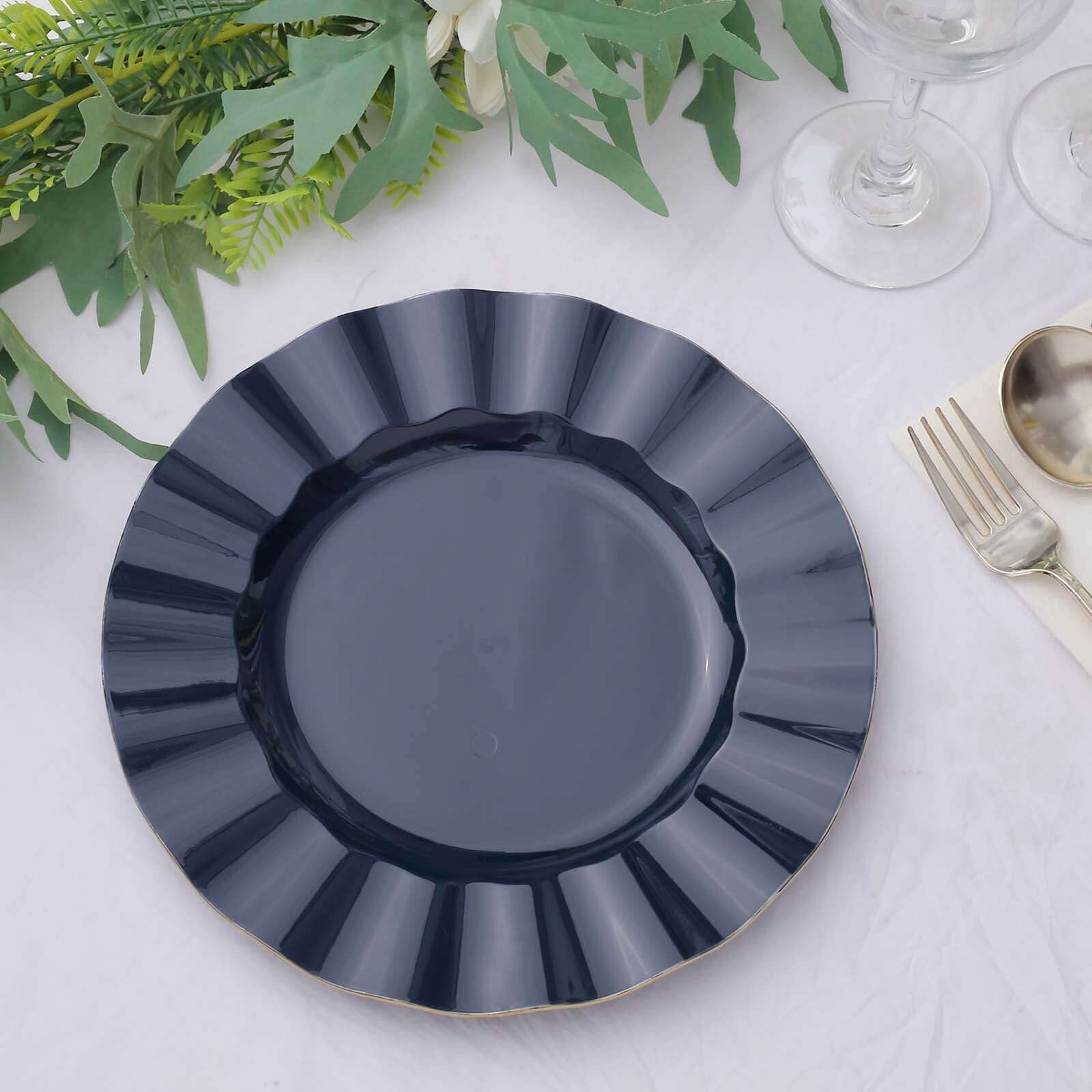 10-Pack Plastic 9 Round Dinner Plates in Navy Blue Ruffled Rim with Gold Edging - Sturdy Disposable Dinnerware