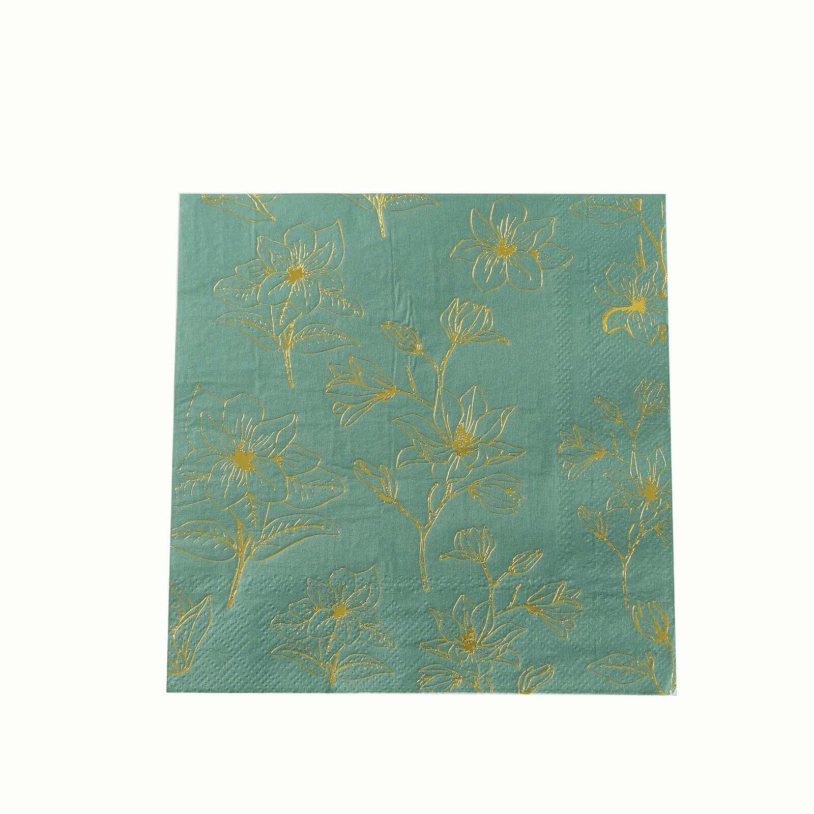 50-Pack Paper Cocktail Napkins with Gold Magnolia Flowers Print Dusty Sage Green - Highly 2 Ply Absorbent Soft Napkins for Beverages