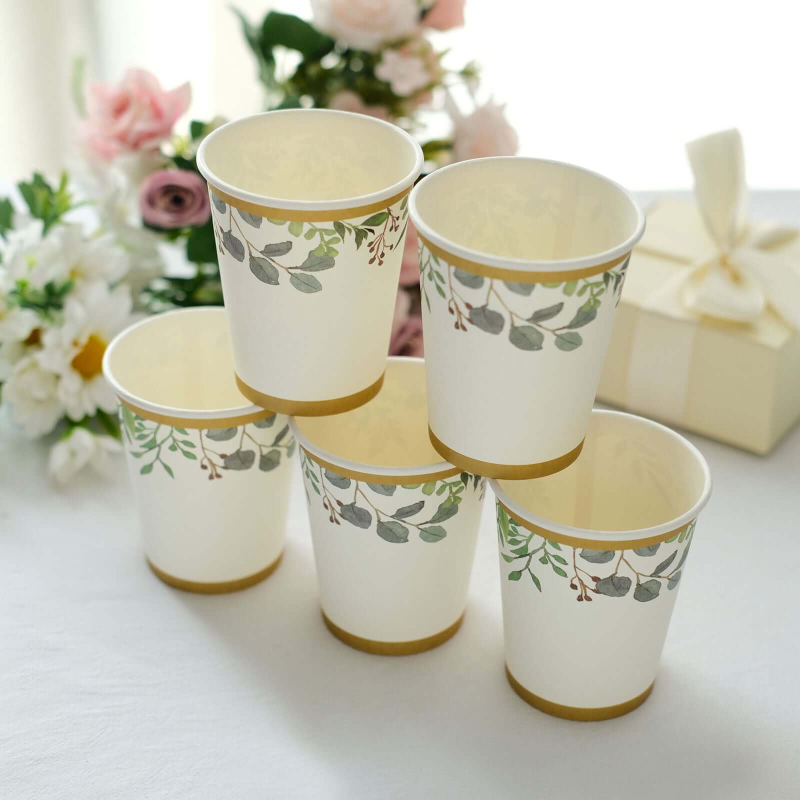 24 Pack 9oz White Tropical Greenery Gold Trim Party Paper Cups, Eucalyptus Disposable Cups With Gold Rim - 250 GSM