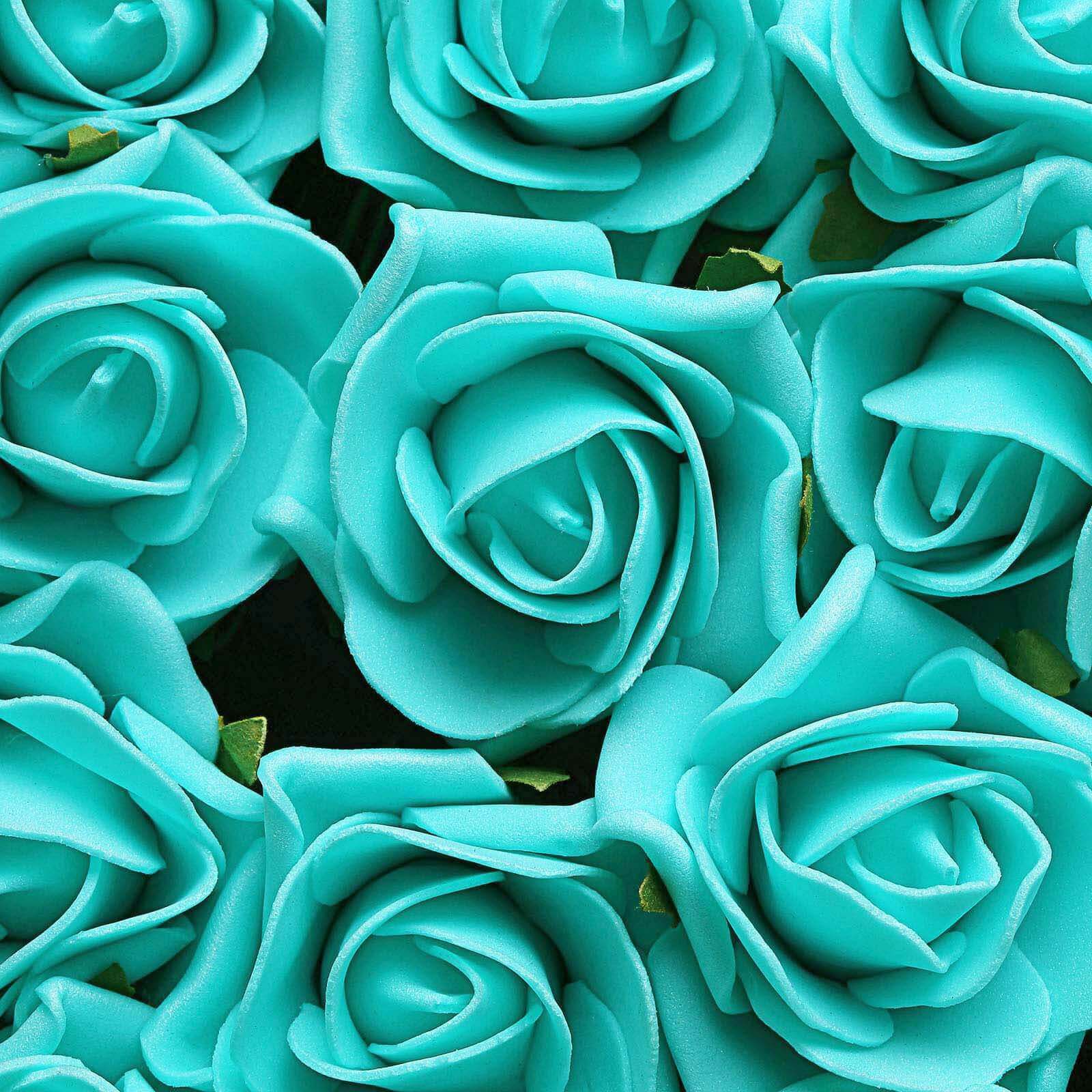 24 Roses 2 Turquoise Artificial Foam Flowers With Stem Wire and Leaves