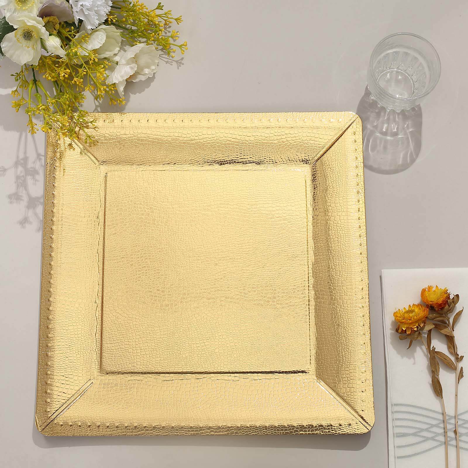 10-Pack Disposable Square Charger Plates in Gold with Leather Like Texture - 1100GSM Durable Paper Chargers 13