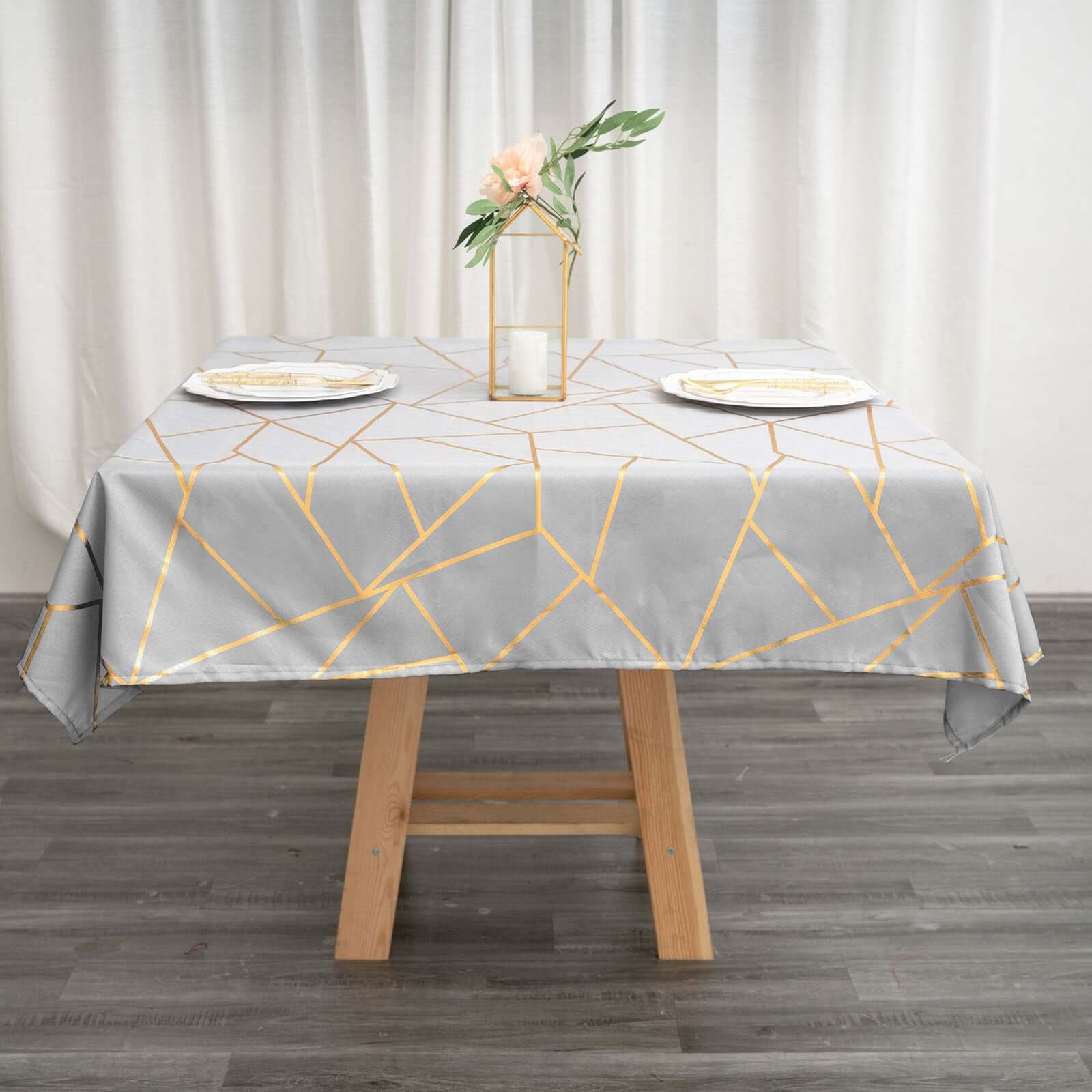 Polyester 54x54 Square Tablecloth Silver with Gold Foil Geometric Pattern - Wrinkle-Resistant & Durable for Stylish Settings