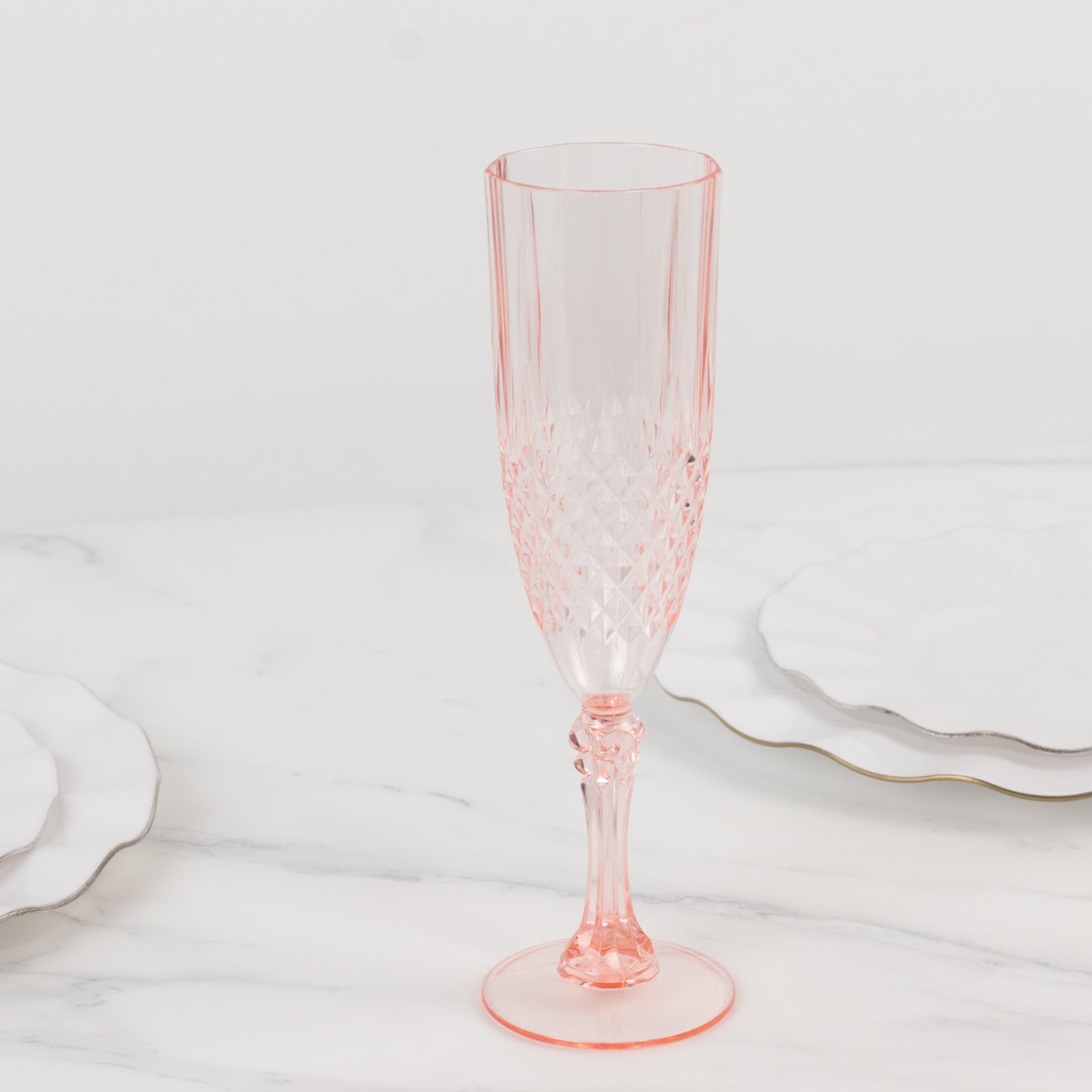 6-Pack Plastic Wedding Toast Flutes Transparent Blush Crystal Cut Style - Reusable Champagne Glasses 8oz