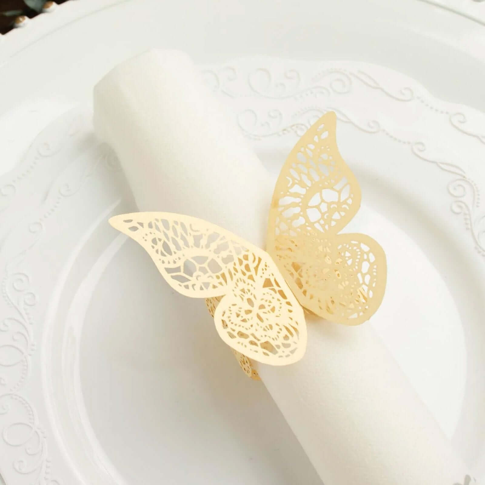 12-Pack Paper Napkin Rings Laser Cut Butterfly Champagne Shimmery - Decorative Serviette Holders