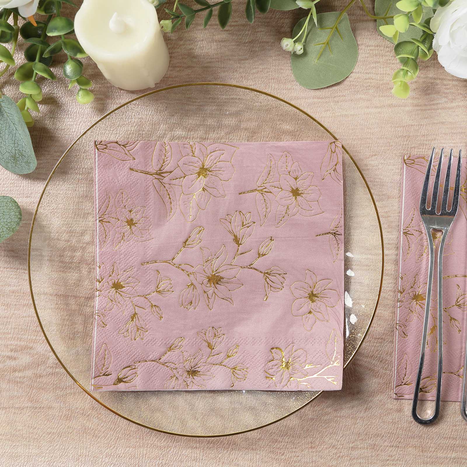 50-Pack Paper Cocktail Napkins with Gold Magnolia Flowers Print Dusty Rose - Highly 2 Ply Absorbent Soft Napkins for Beverages