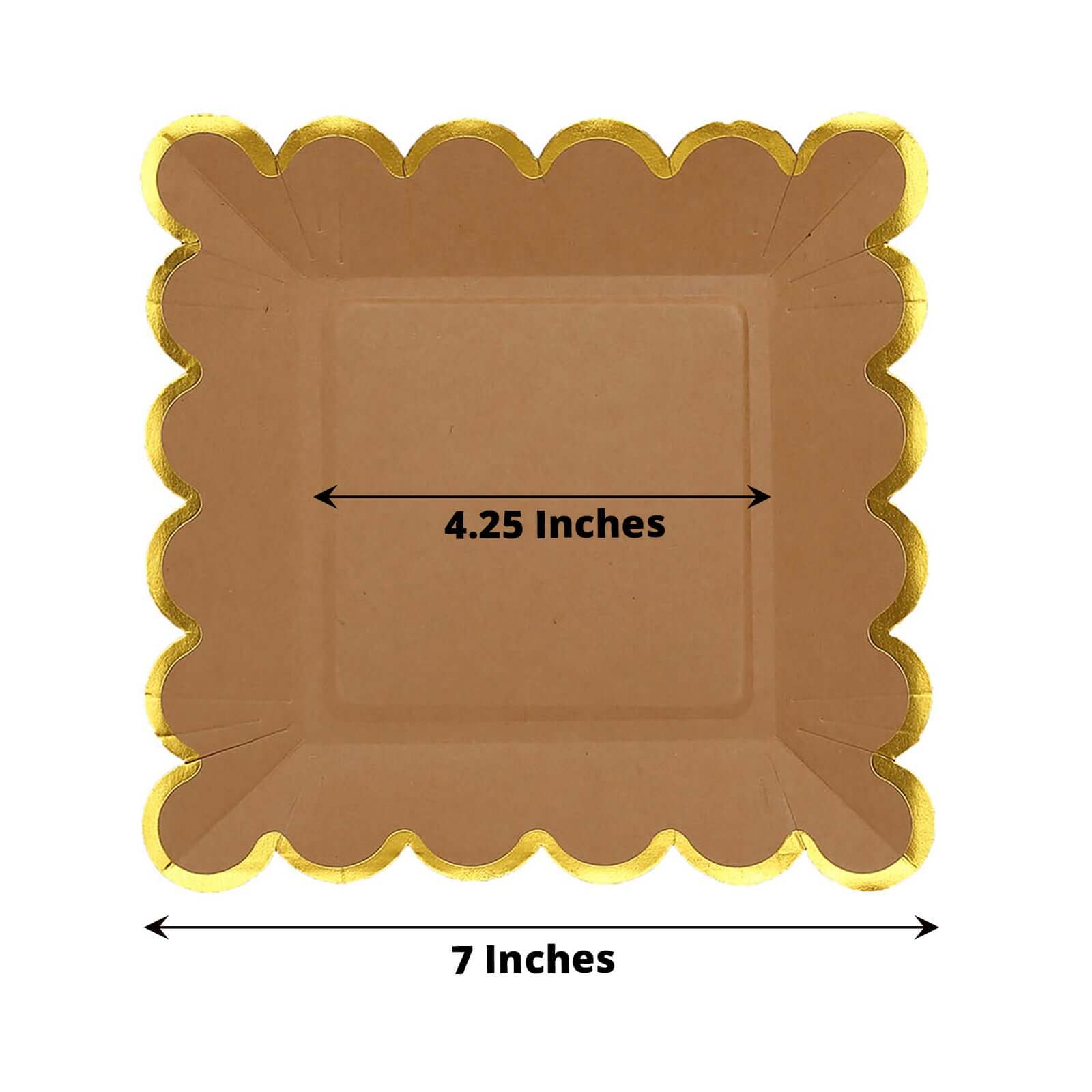 25-Pack Paper 7 Square Dessert Plates in Natural Brown with Gold Scalloped Rim - Disposable Salad Appetizer Party Plates for Stylish Outdoor Events & Boho Celebrations