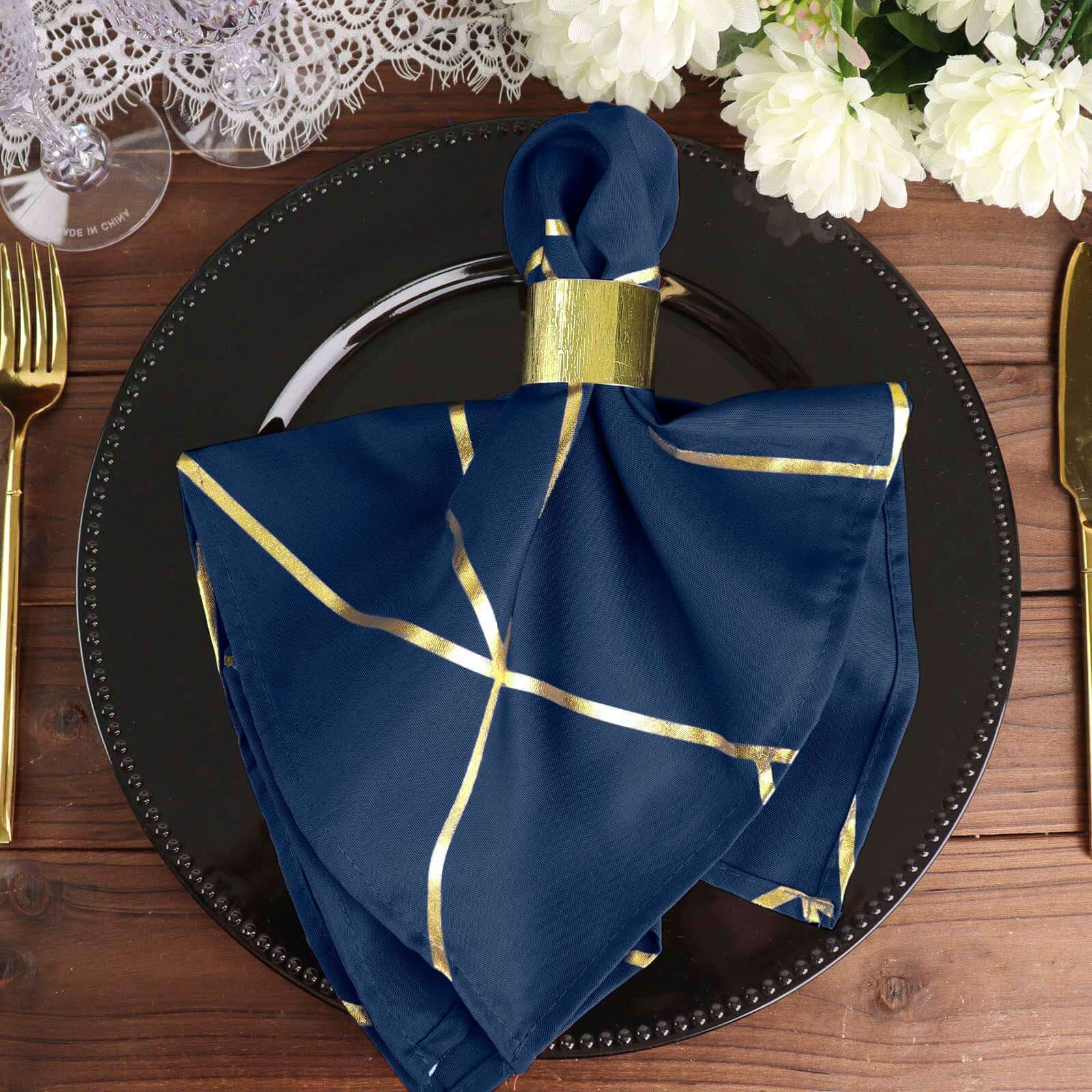 5 Pack Polyester 20x20 Napkins Navy Blue with Gold Geometric Foil Pattern - Modern Reusable Dinner Napkins