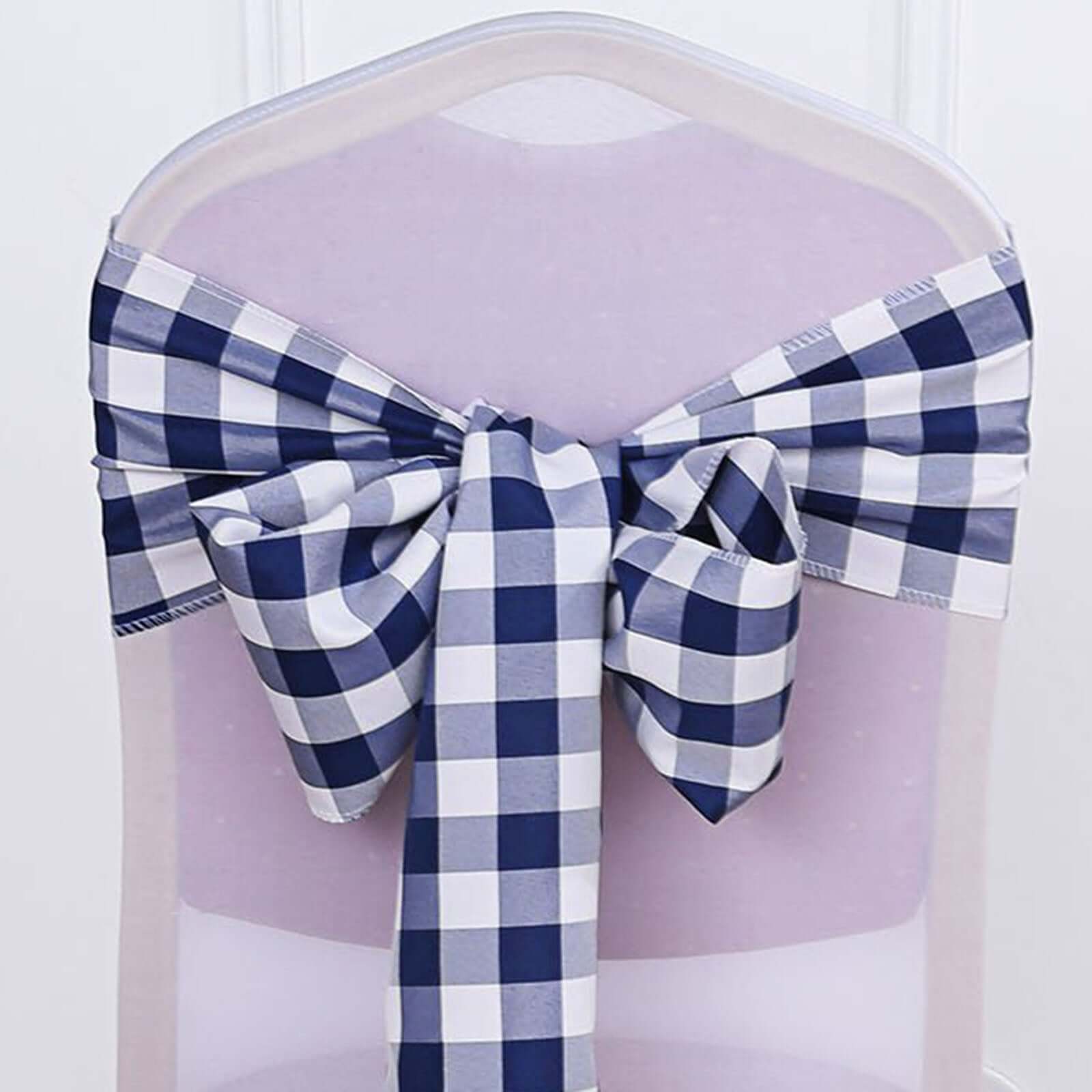 5 Pack Polyester Chair Sashes Navy Blue/White Buffalo Plaid - Durable & Reusable Chair Bows 6x108