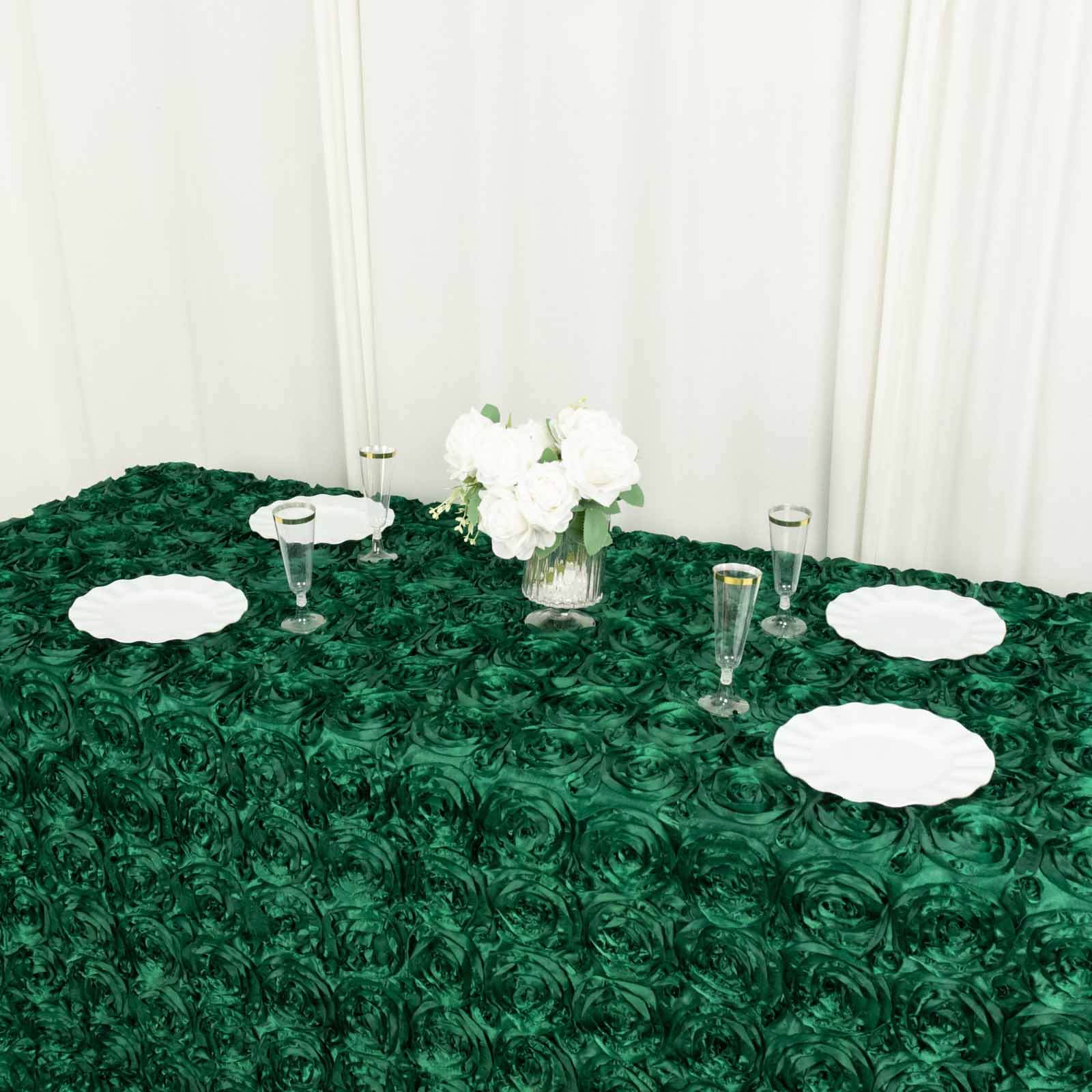 Satin 90x132 Rectangle Tablecloth Hunter Emerald Green - Grandiose 3D Rosette Seamless Table Cover