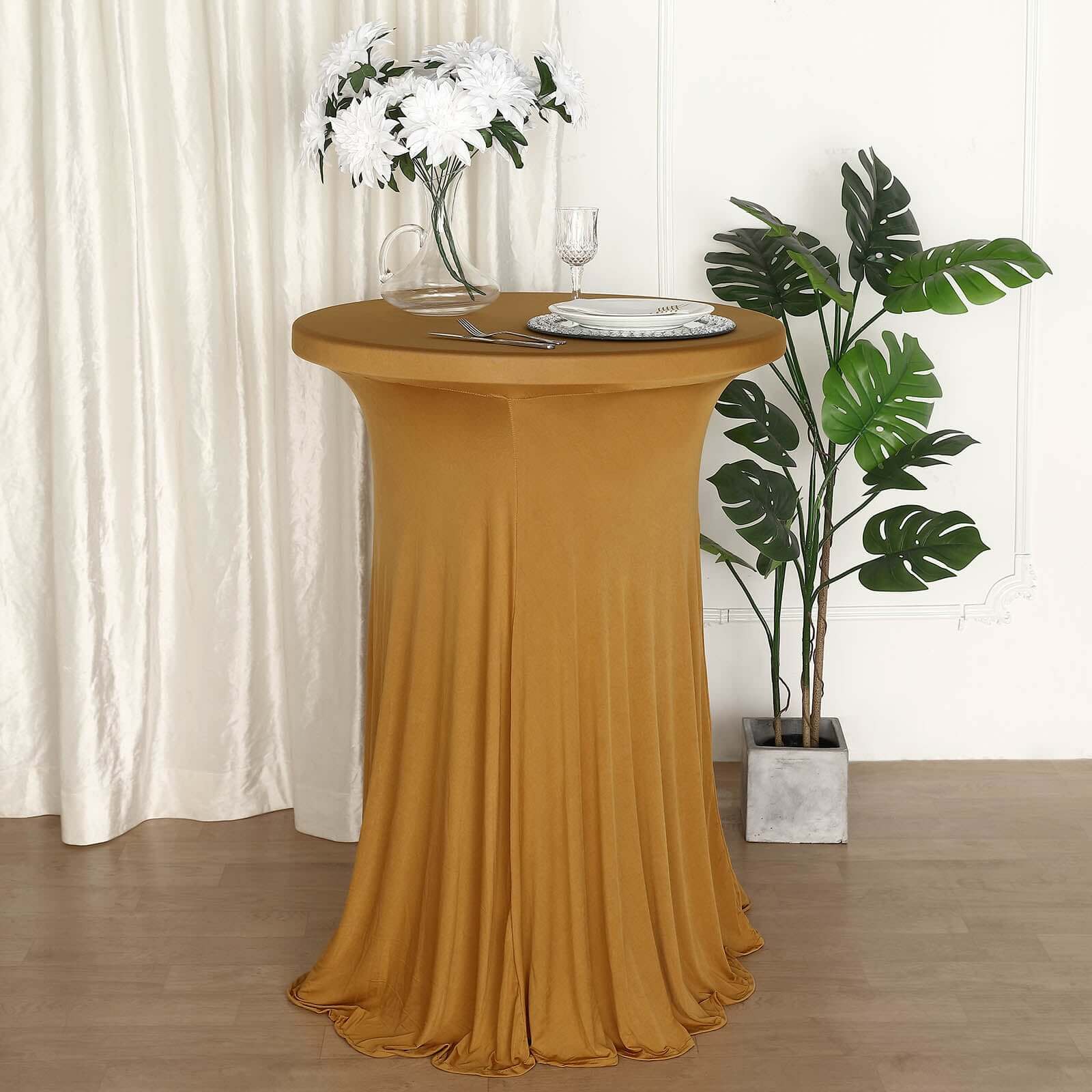 Spandex 32 Round Cocktail Table Cover Skirt Gold With Natural Wavy Drapes - Stylish & Sophisticated Event Decor