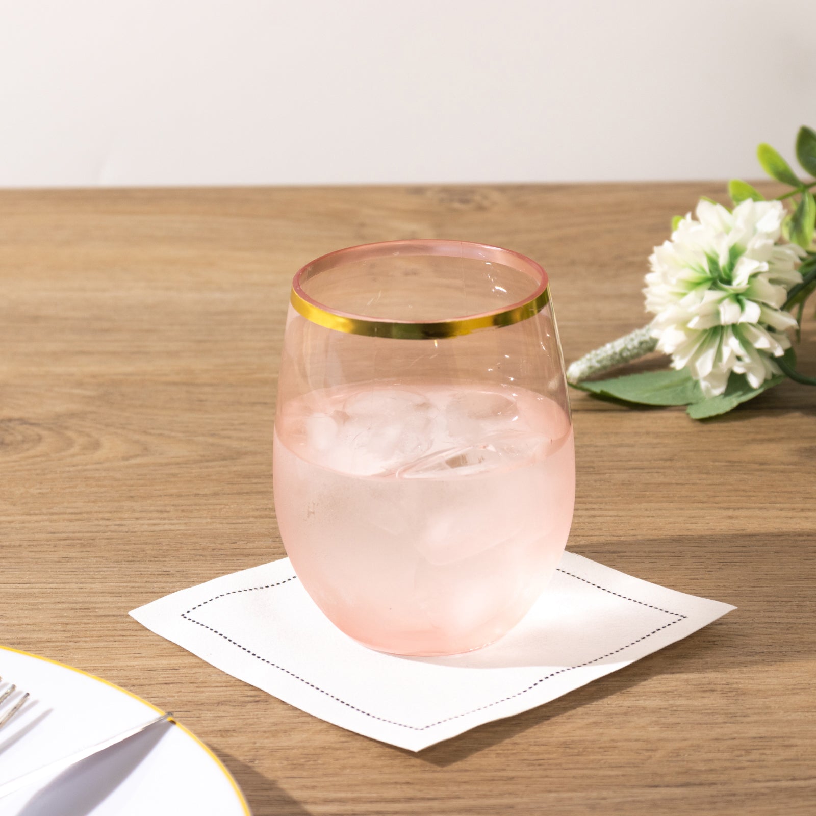 12-Pack Plastic Wine Tumblers Transparent Blush with Gold Rim - Reusable Drinkware 12oz