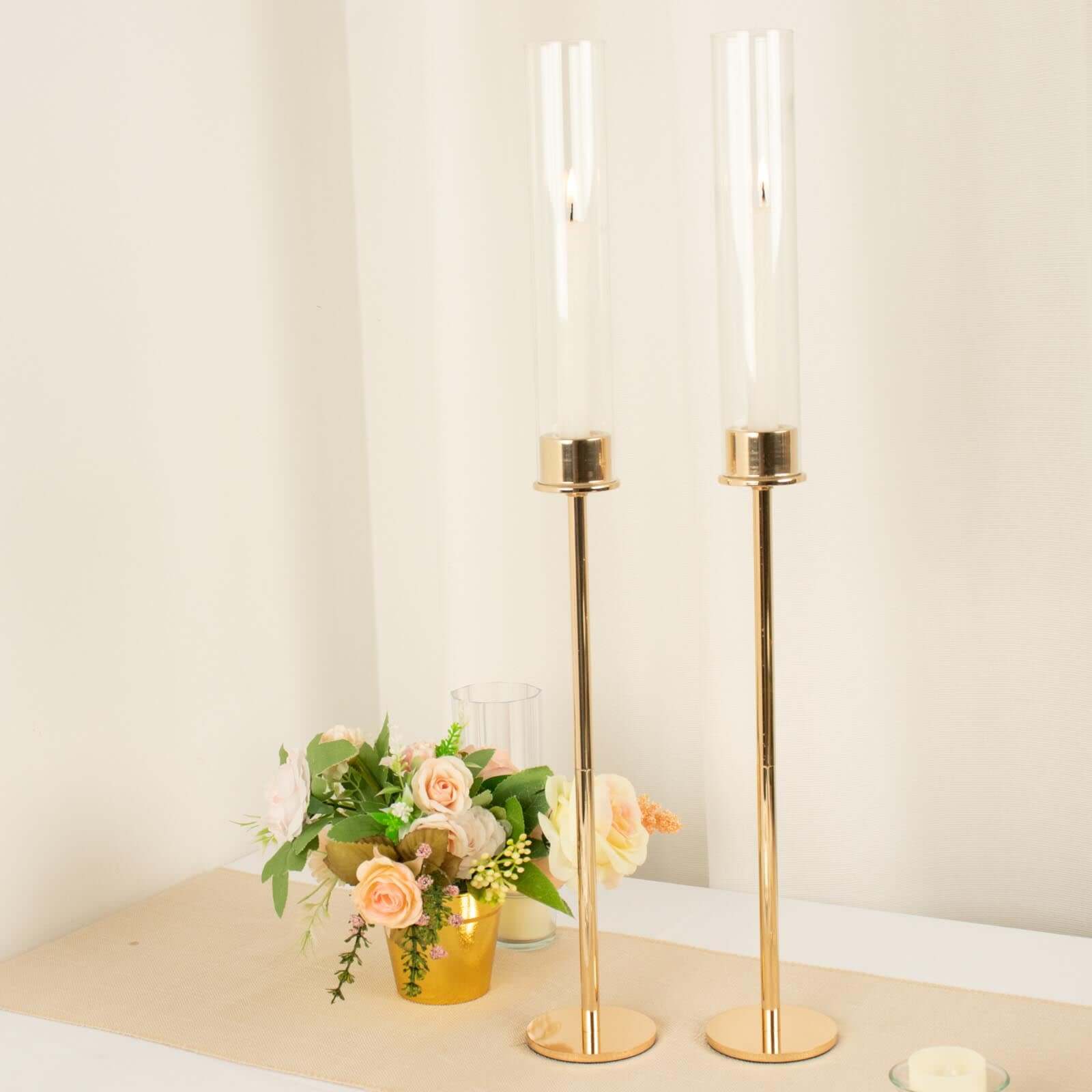 2-Pack Gold Metal Taper Candlestick Holders, Clear Glass Hurricane Candle Stands With Chimney Candle Shades 24