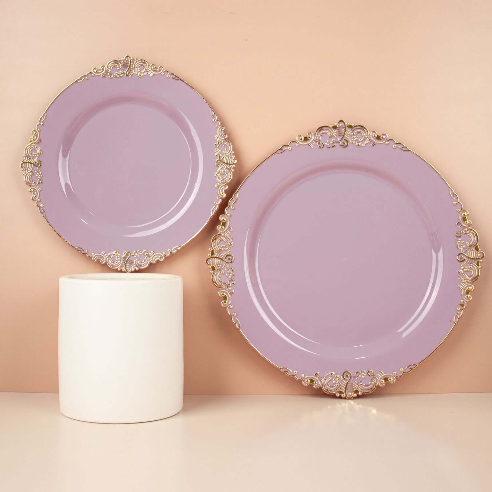 10-Pack Plastic 10 Round Dinner Plates in Lavender Lilac with Gold Leaf Embossed Rim - Disposable Vintage Baroque Style Plates