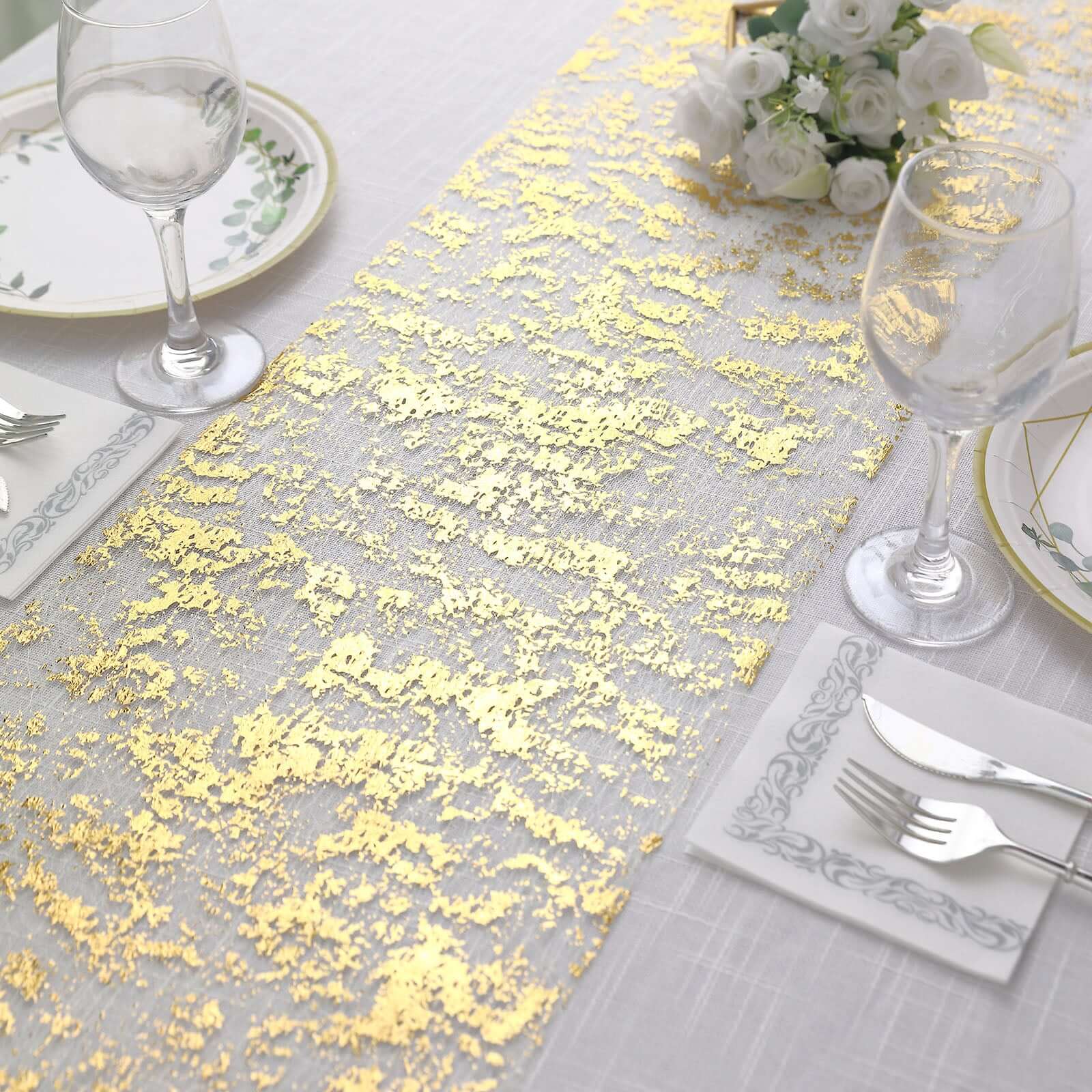 Mesh Polyester 108 Table Runner Roll Metallic Gold Distressed Foil Printing Design - Disposable Stylish Party Table Decor