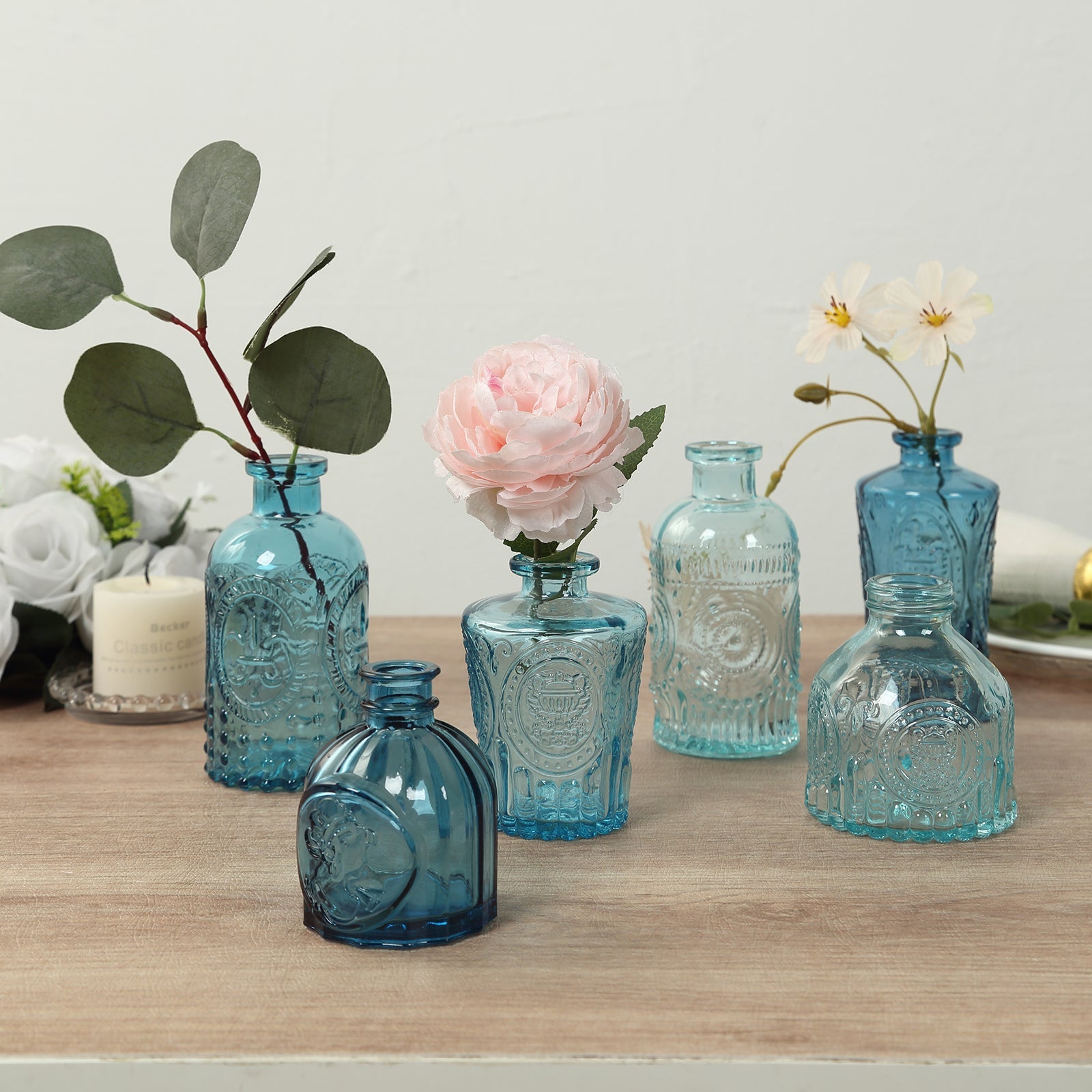 Set of 6 Embossed Glass Bud Vases Vintage Mixed Blue - Apothecary Style Decorative Table Centerpieces