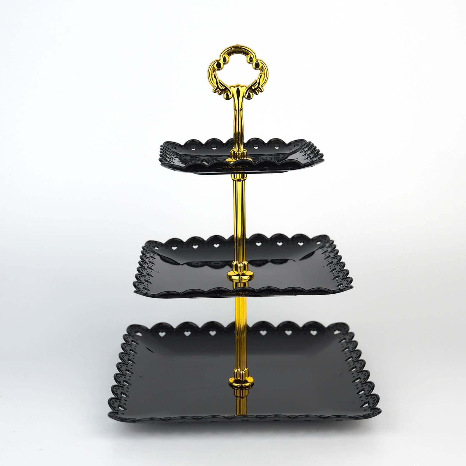 3-Tier Plastic Square Cupcake Stand Tower Black - Charming Disposable Dessert Display Serving Tray Platter with Heart Wavy Edge & Gold Top Handle for Tea Parties Weddings & Special Occasions 13