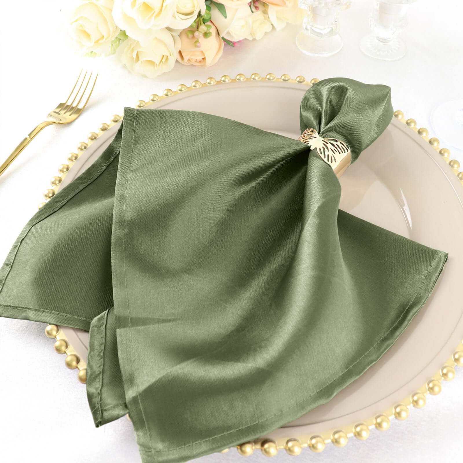 5 Pack Satin 20x20 Napkins Dusty Sage Green - Luxurious Shine & Smooth Dinner Napkins