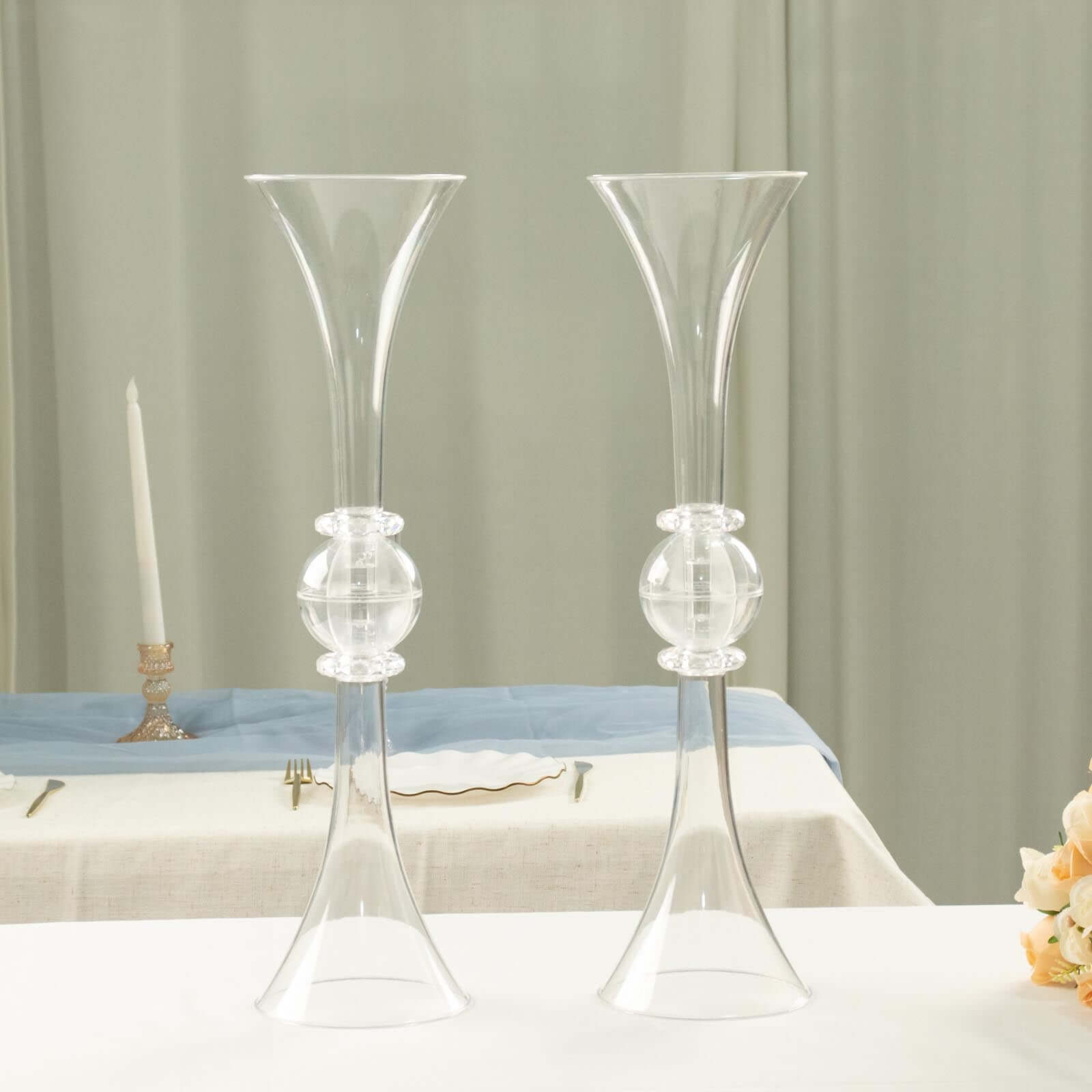 2-Pack Flower Vases Trumpet Design with Crystal Embellishments Clear - Reversible Plastic Table Centerpieces 21