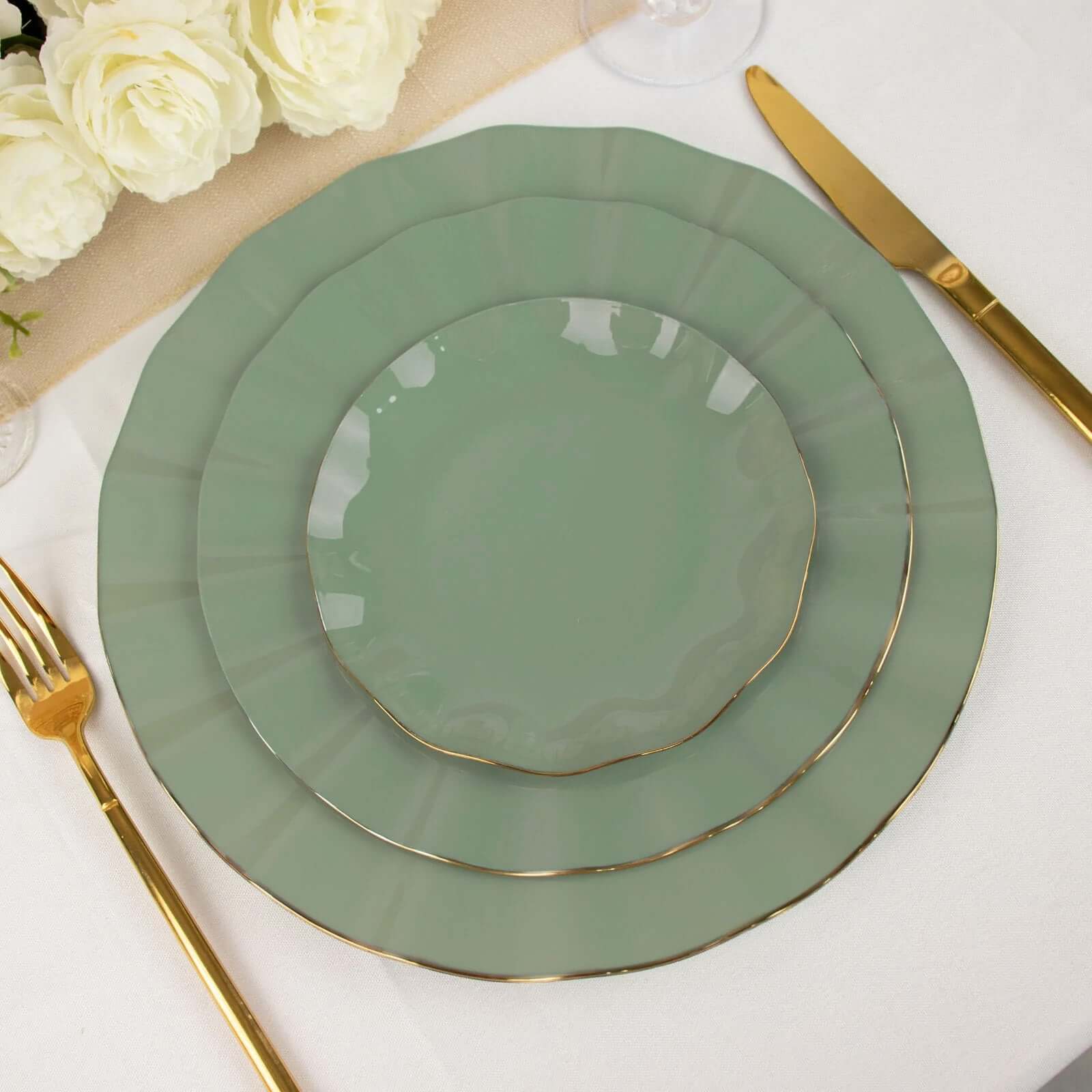 10-Pack Plastic Round 6 Dessert Plates in Dusty Sage Green Ruffled Rim with Gold Edging - Sturdy Disposable Salad Appetizer Dinnerware