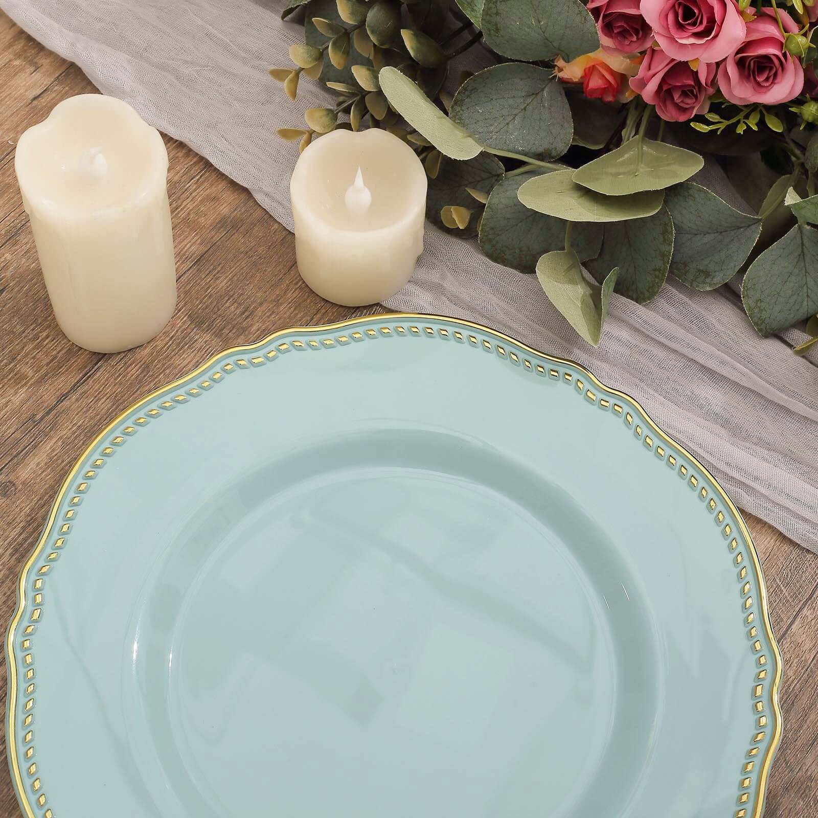 10-Pack Plastic 10 Dinner Plates in Jade with Gold Scalloped Rim - Disposable Large Party Plates