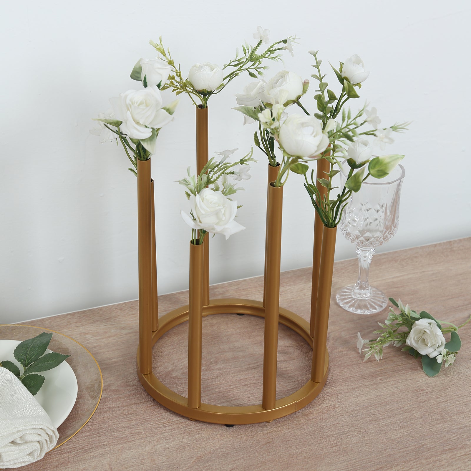 Flower Vase Gold Metal Minimalist 8-Tubes Round Base Design - Single Stem Bud Centerpiece for Arrangements 10