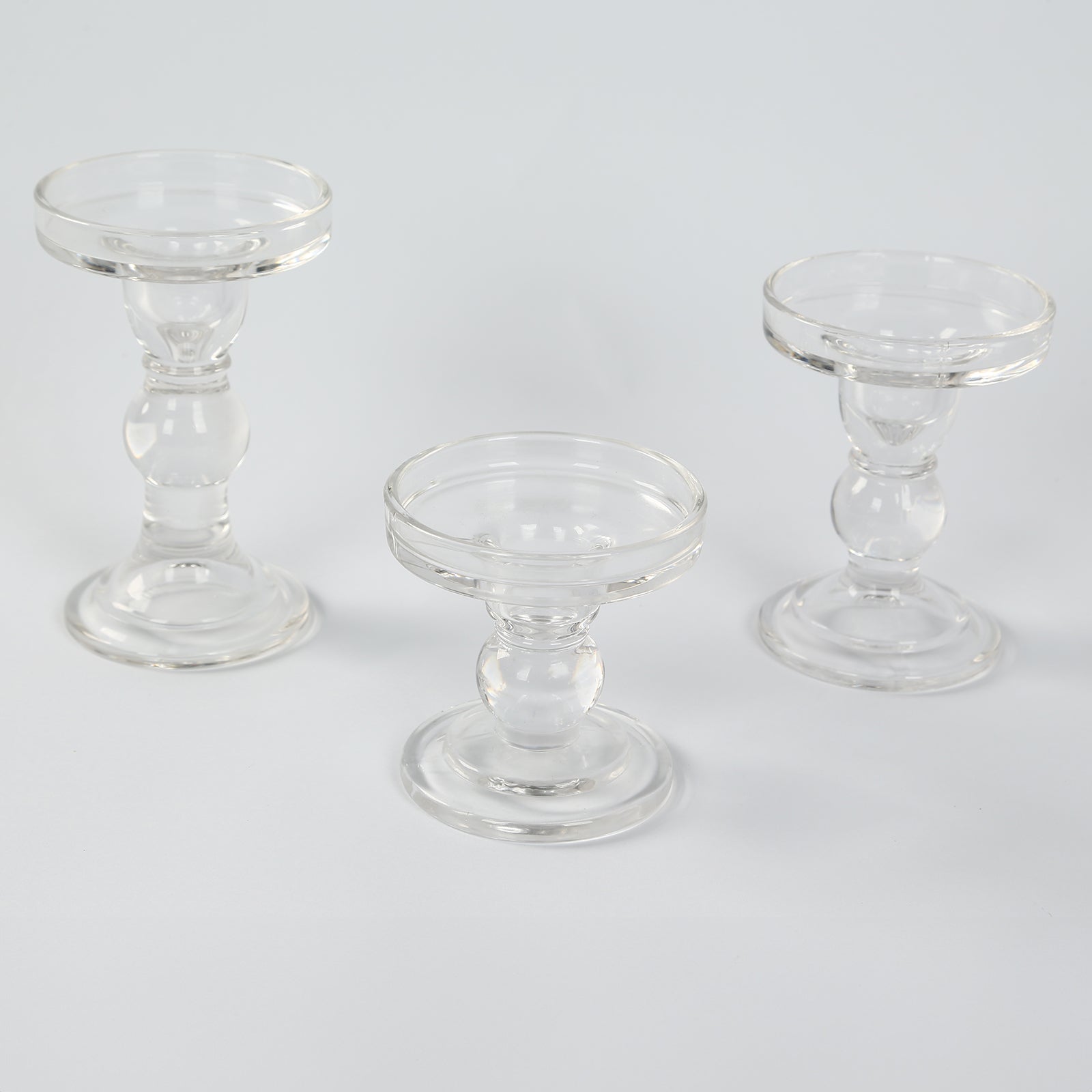 Set of 3 Glass Pillar Candle Holders Clear with Round Tray - Crystal Ball Stem Taper Candlestick Tea Light Stands 3.5, 4.5, 5.5