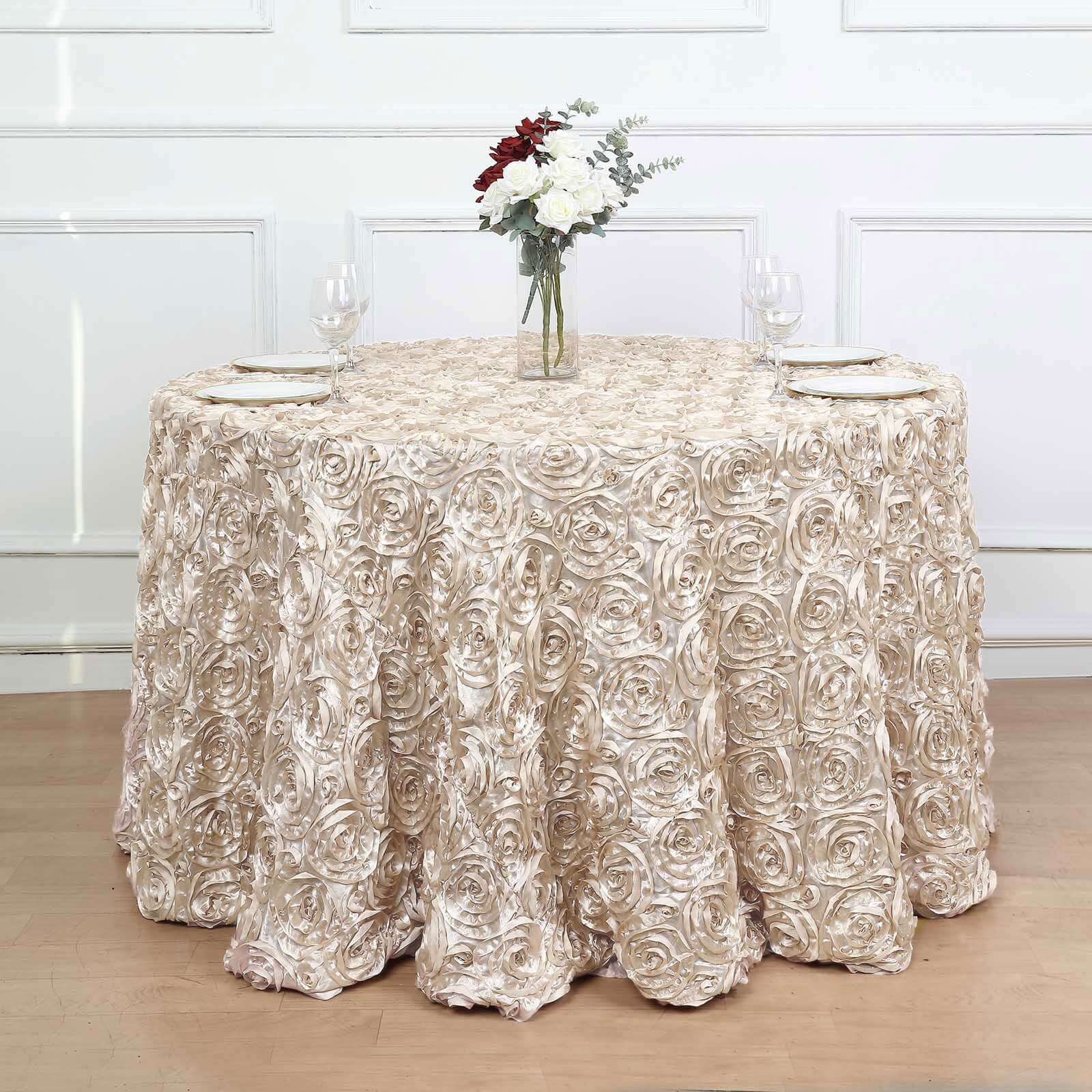 Satin 120 Round Tablecloth Beige - Grandiose 3D Rosette with Seamless Finish Table Cover