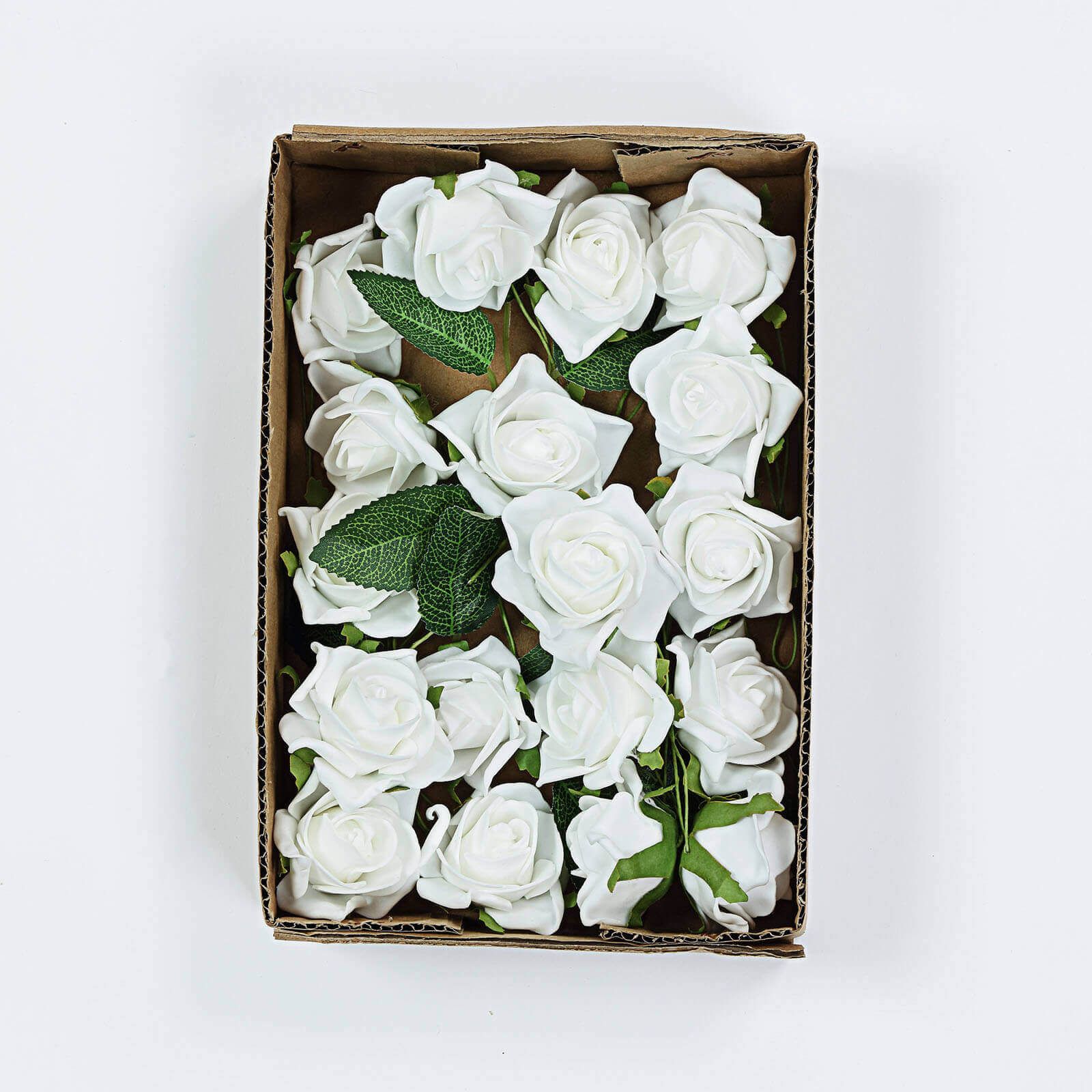 24 Roses 2 White Artificial Foam Flowers With Stem Wire and Leaves