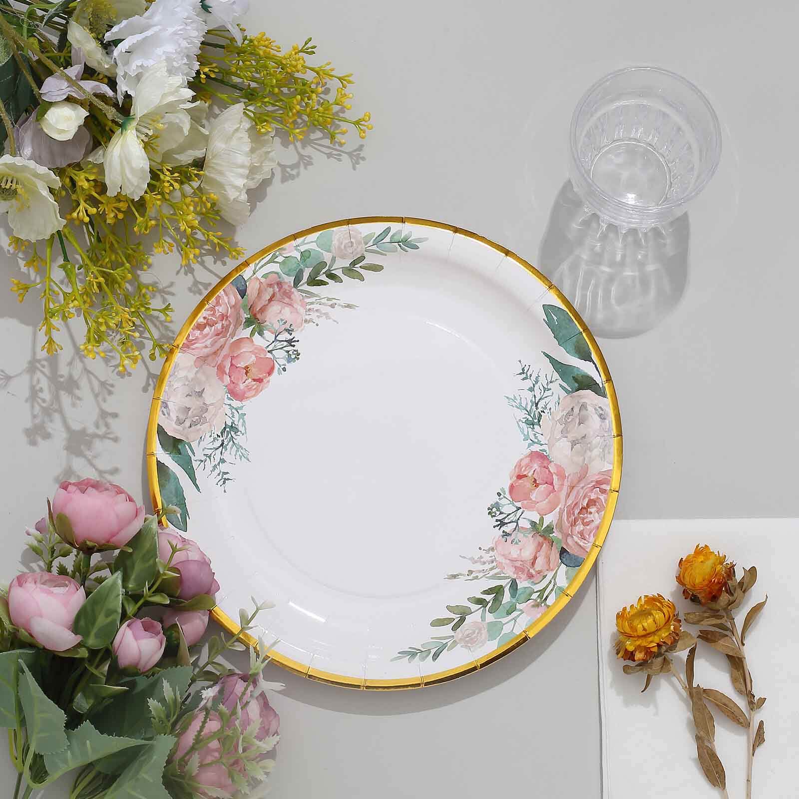 25-Pack Paper 9 Round Dinner Plates White with Peony Floral Design & Gold Rim - Disposable Floral Party Plates for Brunches & Afternoon Teas