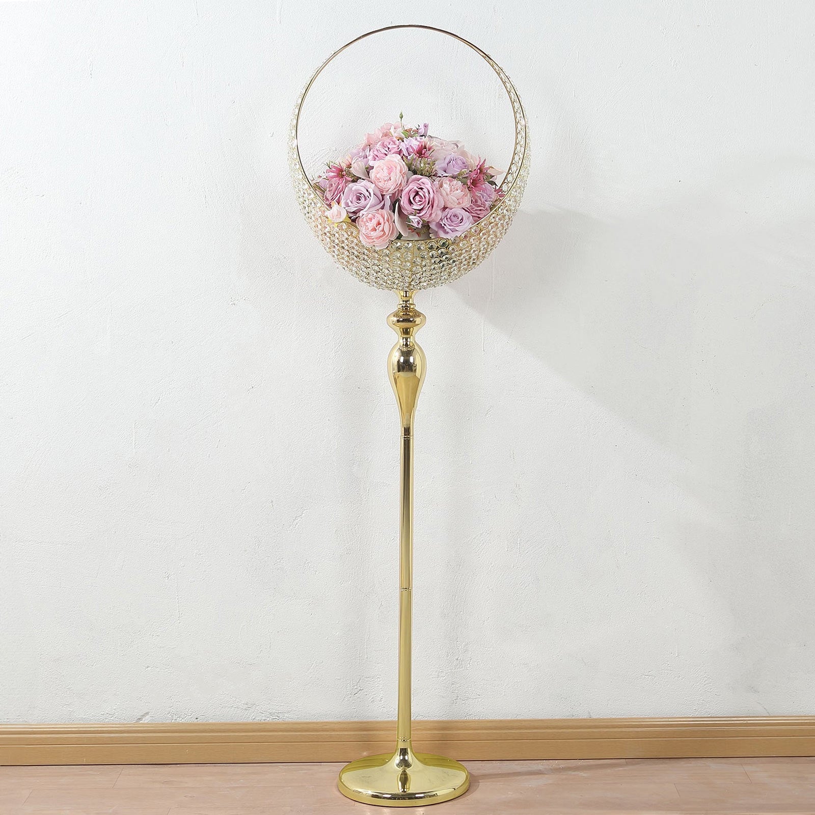 Metal Crystal Beaded Candle Holder Stand, Half Moon Basket Design Gold Wedding Flower Centerpiece with Round Stable Base 4.5ft Tall