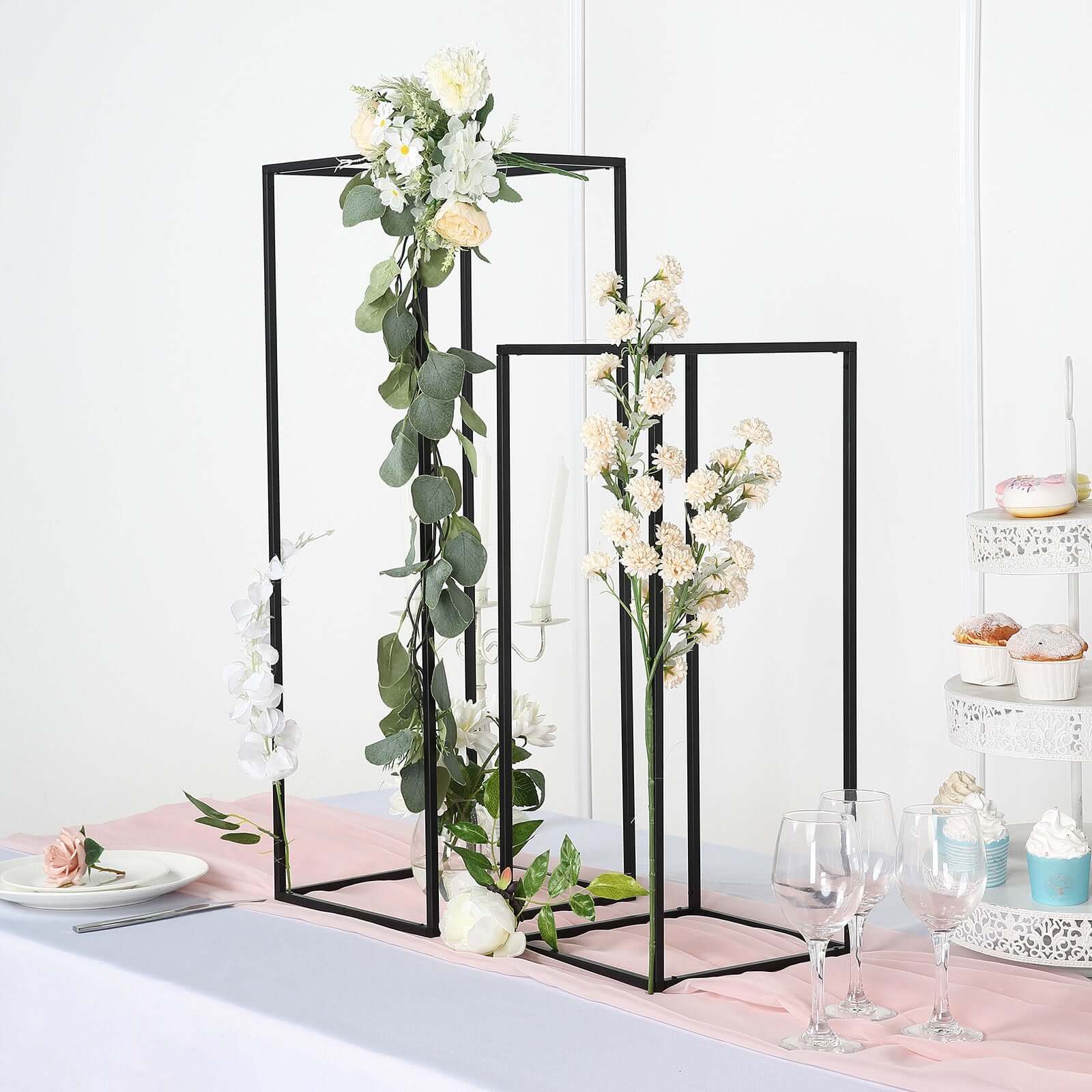 2-Pack Wedding Flower Stand Black Metal Geometric Column Frame Rectangular - Versatile Floral Pedestal for Sophisticated Arrangements 32