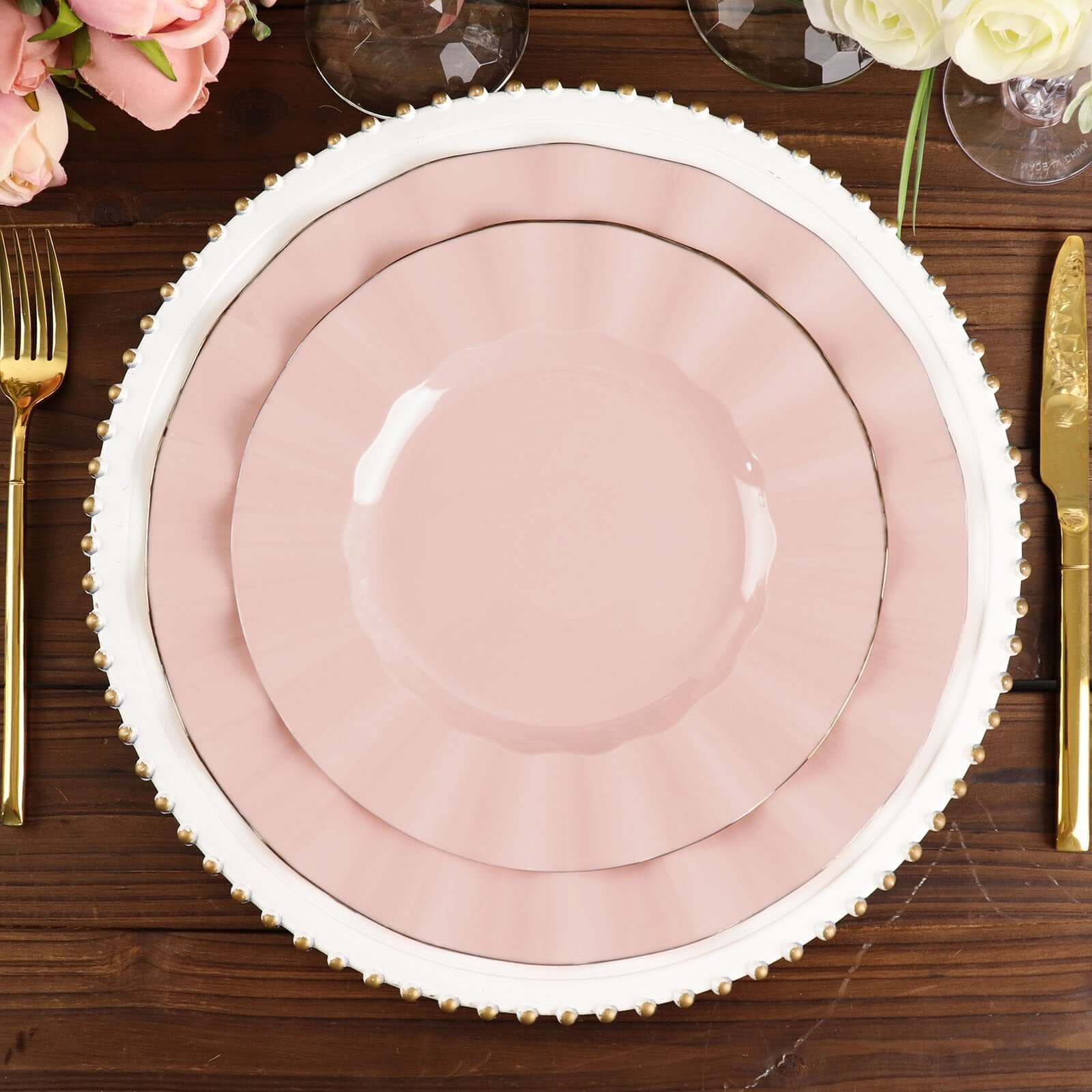 10-Pack Plastic 11 Round Dinner Plates in Blush Ruffled Rim with Gold Edging - Sturdy Disposable Dinnerware