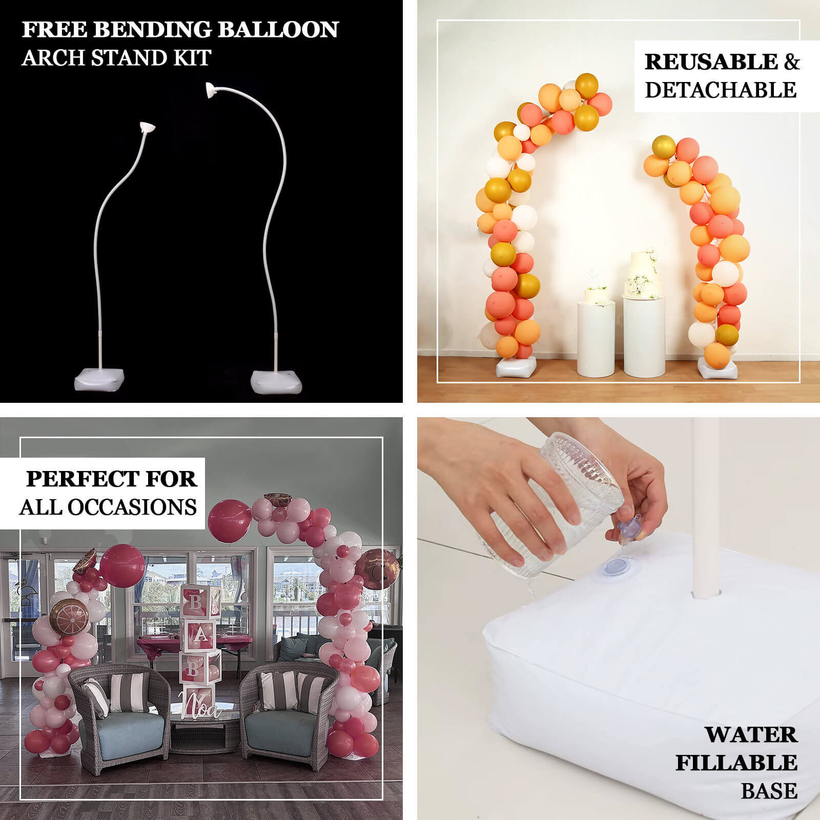 Set of 2 Free Bending White Balloon Column Stand Kit, Half Arch Balloon Tower Stands with Water Fillable Base, Hand Air Pump and Clips - 8ft,5ft