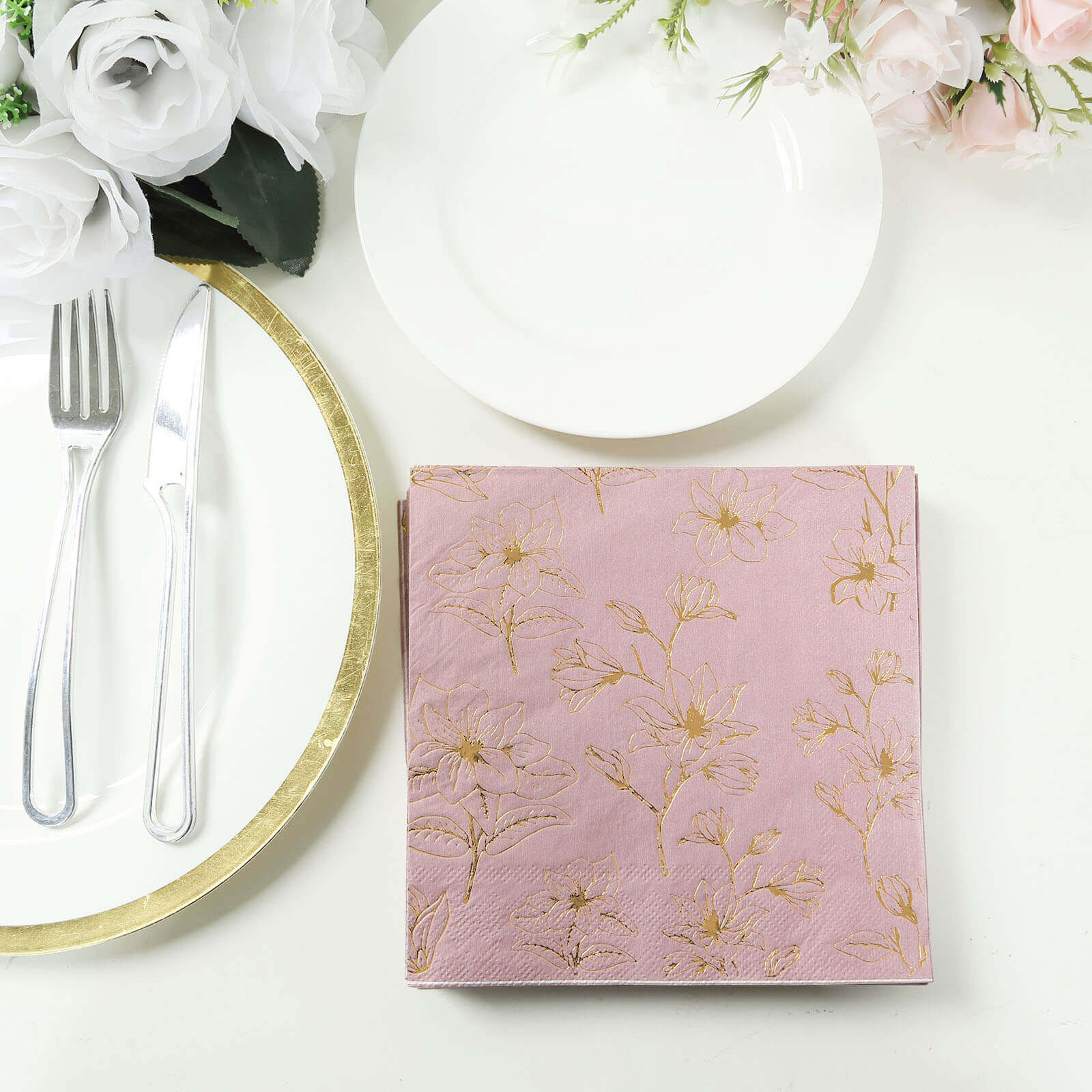 50-Pack Paper Cocktail Napkins with Gold Magnolia Flowers Print Dusty Rose - Highly 2 Ply Absorbent Soft Napkins for Beverages