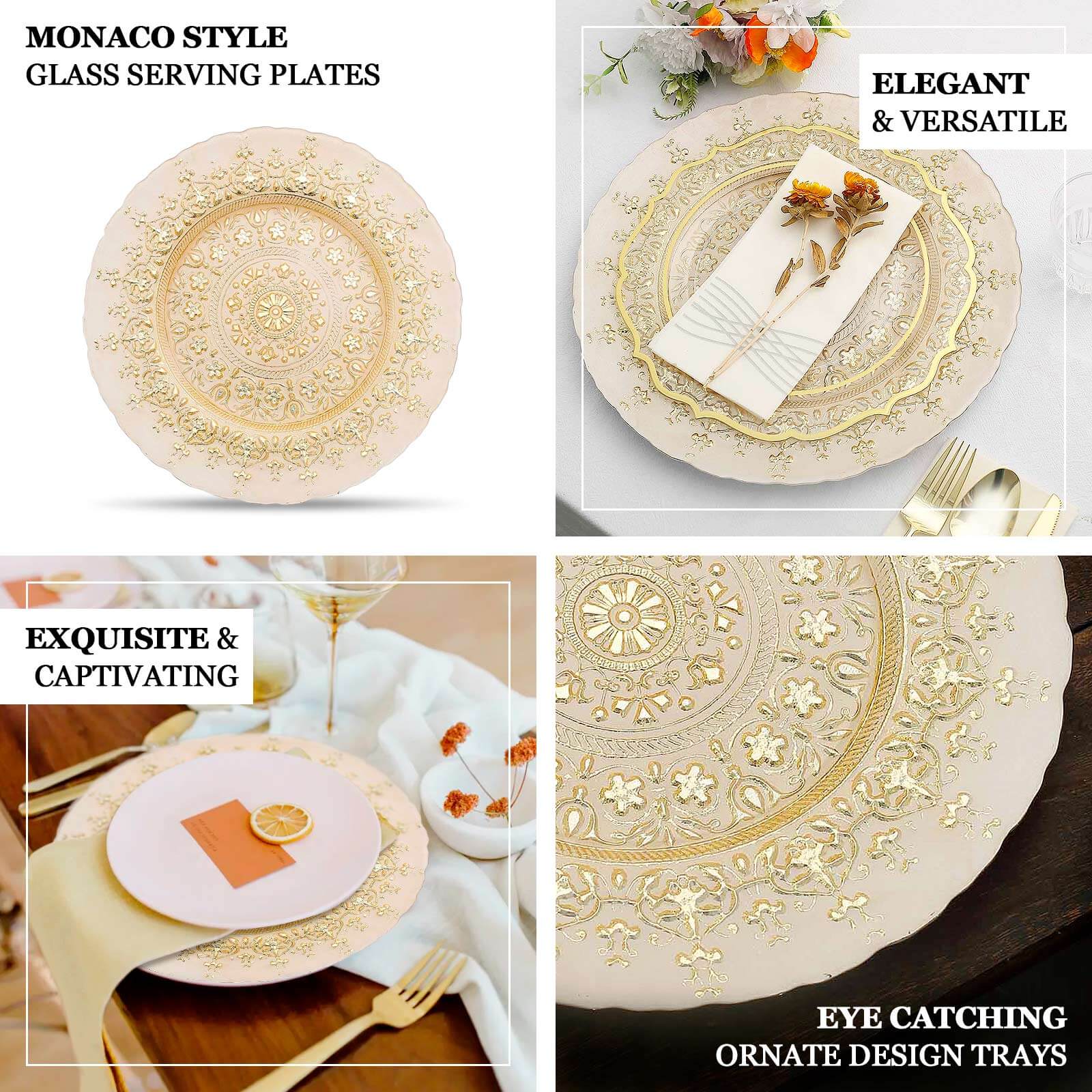 8-Pack Glass Round Charger Plates 13 in Gold with Monaco Style Ornate Design, Classy Decorative Dinner Chargers