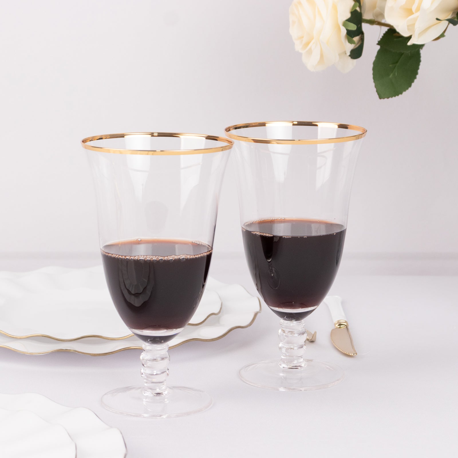 6-Pack Red Wine Glasses Clear Gold Rimmed Design with Short Beaded Stem - Chic Crystal Goblets for Drinks & Events 16oz 7