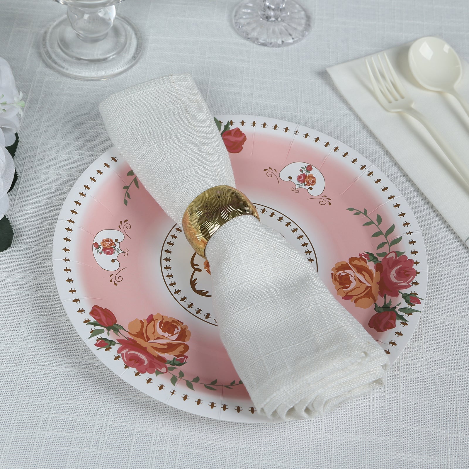 25-Pack Paper 9 Round Dinner Plates in Dusty Rose with Vintage Rose Flower Print - Disposable Plates