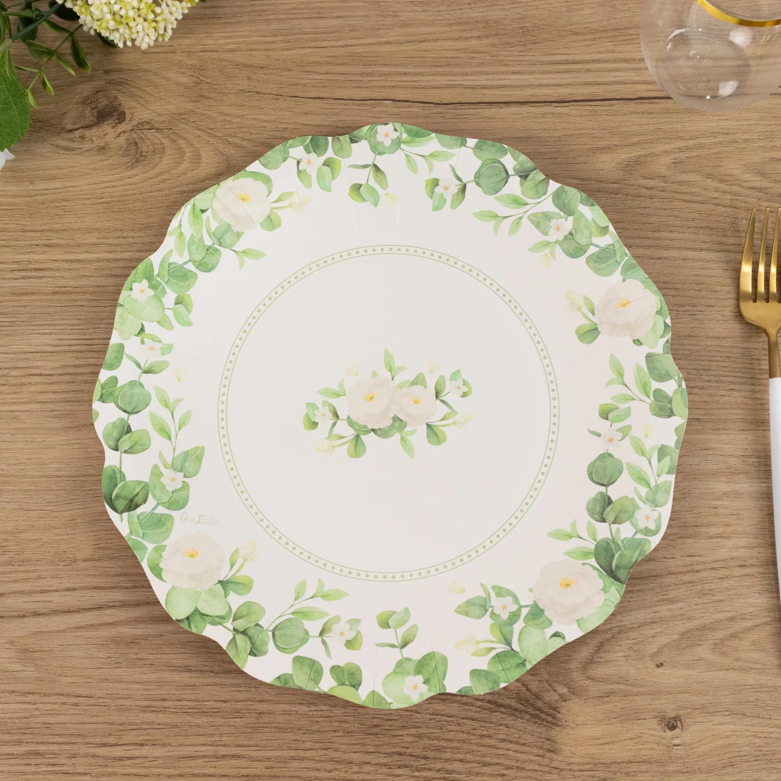 25-Pack Paper 11 Round Dinner Plates in White with Floral Greenery & Scalloped Edges - Disposable Party Plates for Nature-Inspired Events & Chic Celebrations