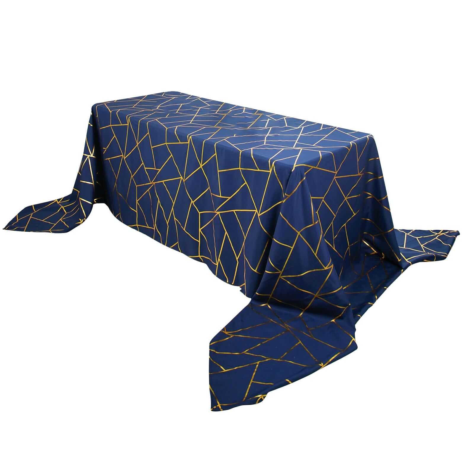 Polyester 90x156 Rectangle Tablecloth Navy Blue Seamless with Gold Foil Geometric Pattern - Wrinkle-Resistant Seamless Table Cover for Sophisticated Events