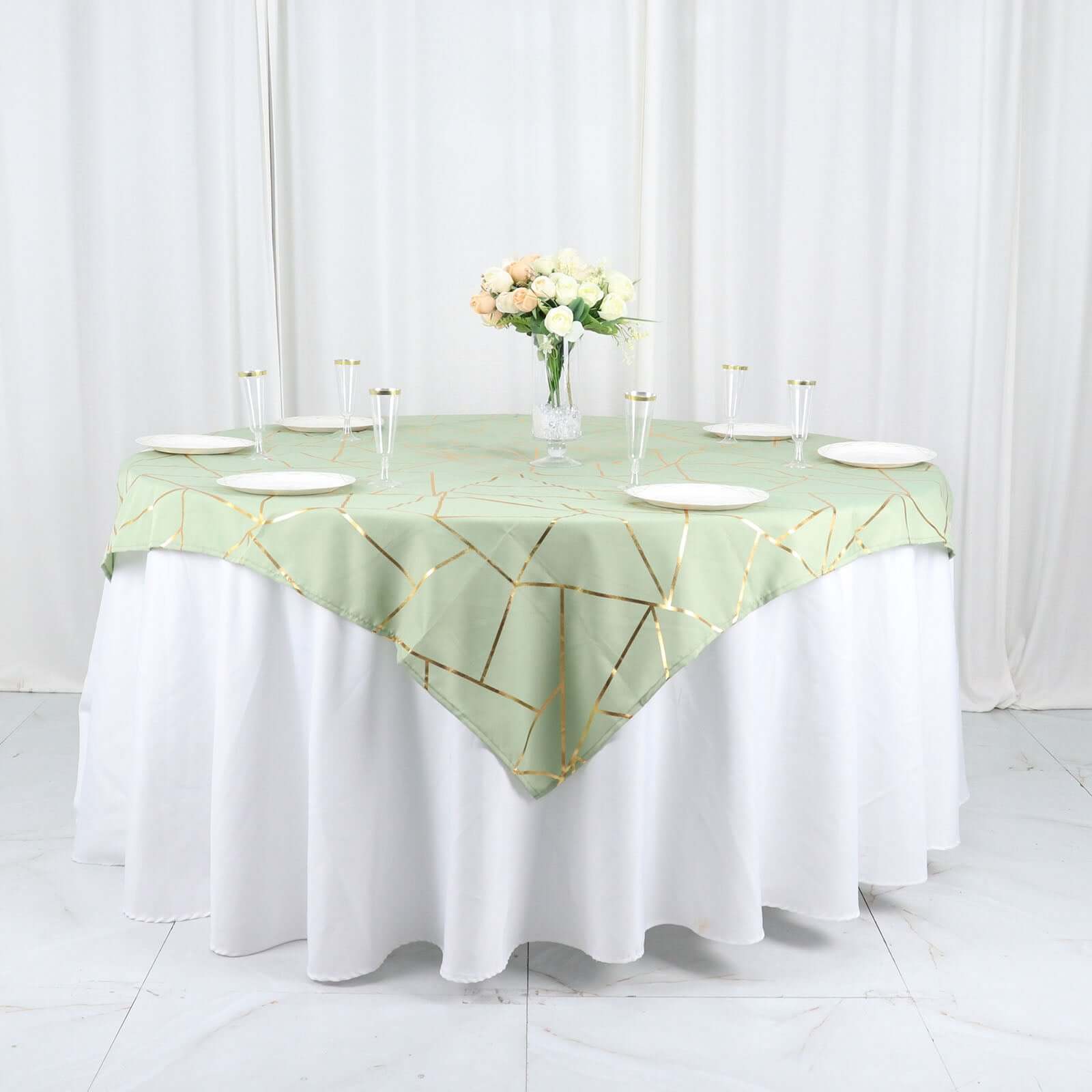 Polyester 54x54 Table Overlay Square Tablecloth Sage Green with Gold Foil Geometric Pattern - Wrinkle-Resistant & Durable for Stylish Settings