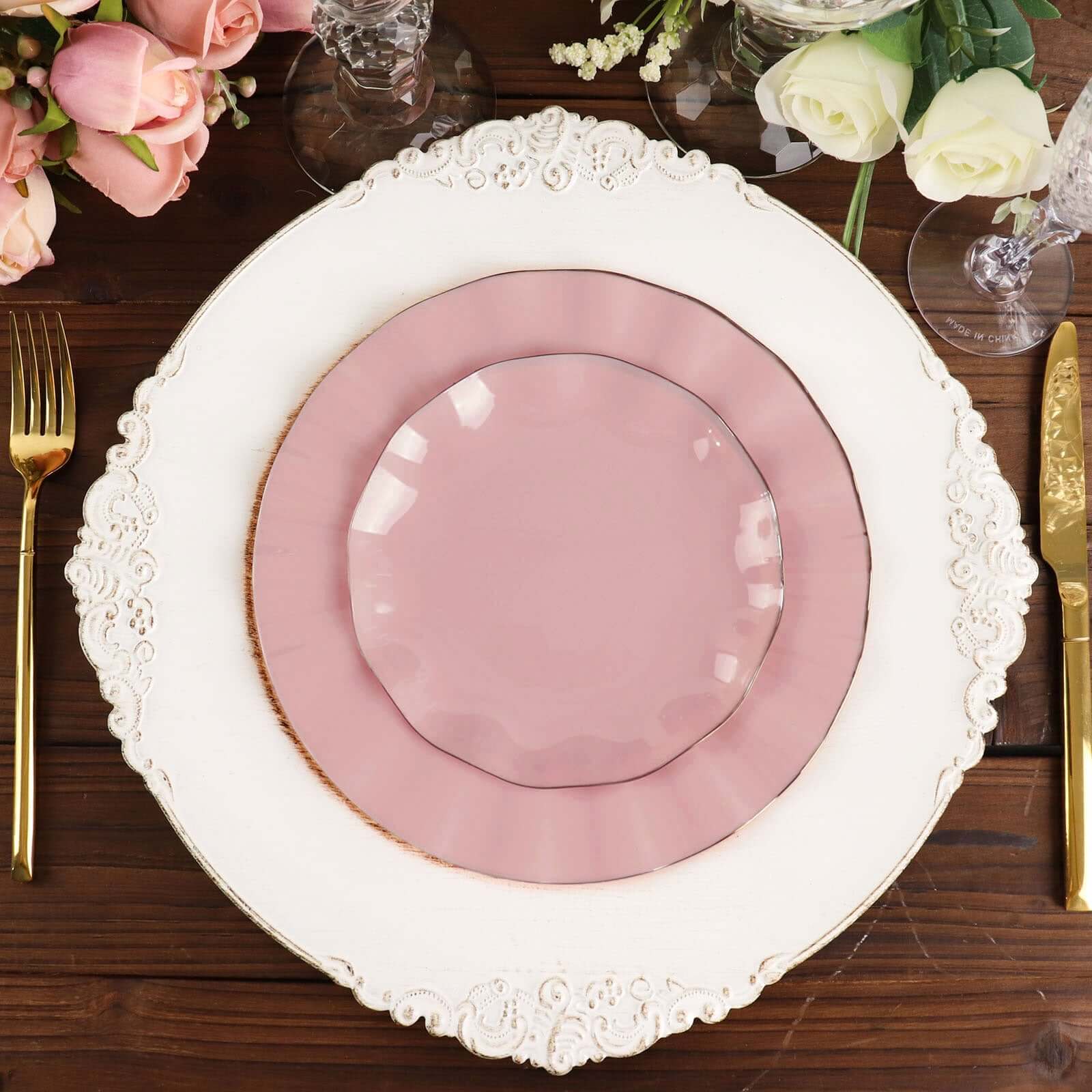 10-Pack Plastic Round 6 Dessert Plates in Dusty Rose Ruffled Rim with Gold Edging - Sturdy Disposable Salad Appetizer Dinnerware