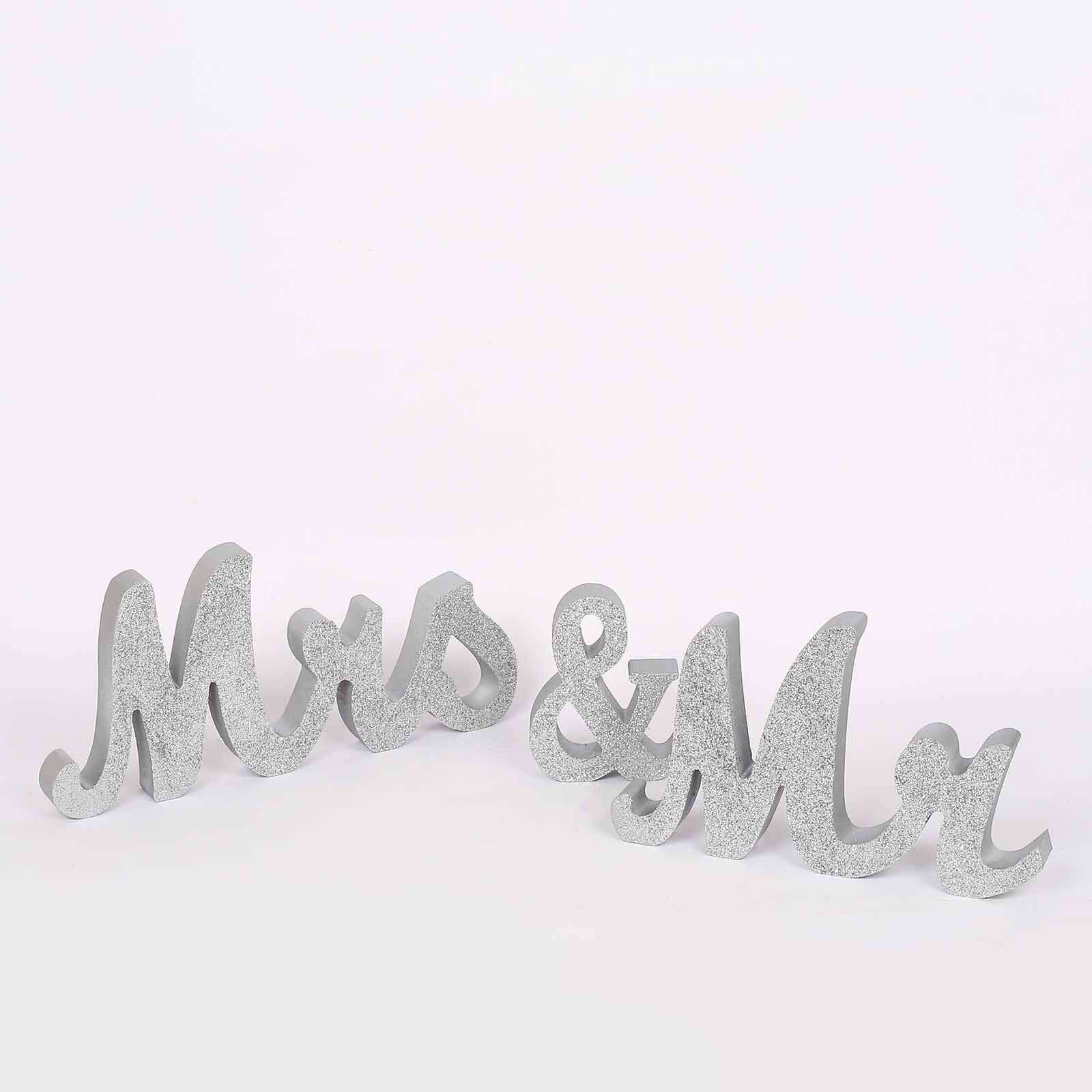 Wooden Mr & Mrs Freestanding Letters Silver Glittered - Rustic Glam Wedding Table Display Signs