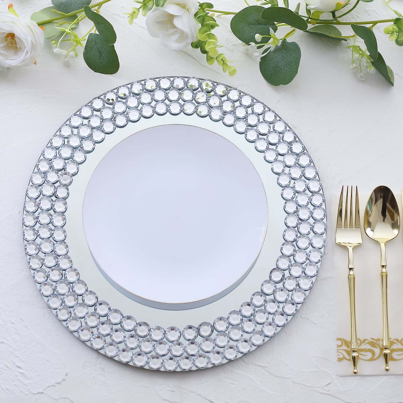 2-Pack Mirror Glass Round Charger Plates 13 with Silver Mirror Diamond Beaded Rim, Upscale Decorative Chargers