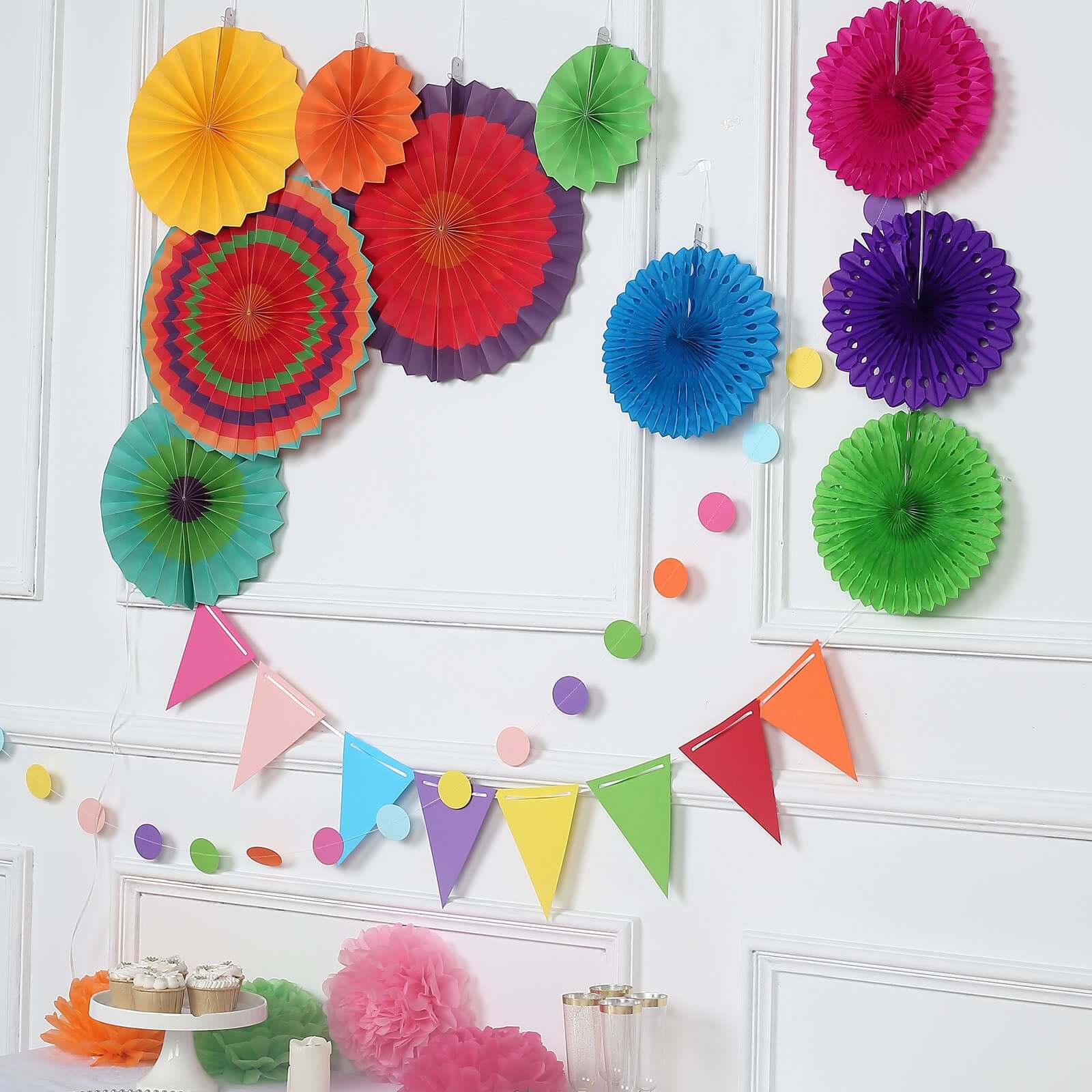 20Pcs Colorful Hanging Fiesta Themed Party Decorations Set, Paper Fans, Pom Pom Flowers, Polka Dot and Bunting Flag Garlands Included